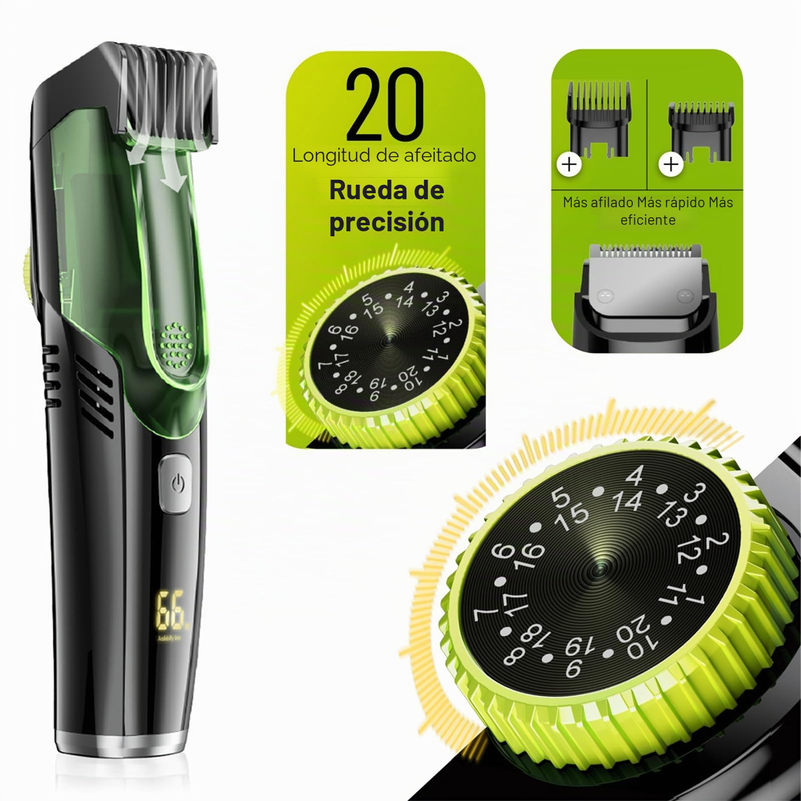 Afeitadora de barba al vacío con 20 ajustes de longitud, ajustable en húmedo y seco, cortapelos eléctrico con 2 peines, recortador de barba inalámbrico, regalo para hombres