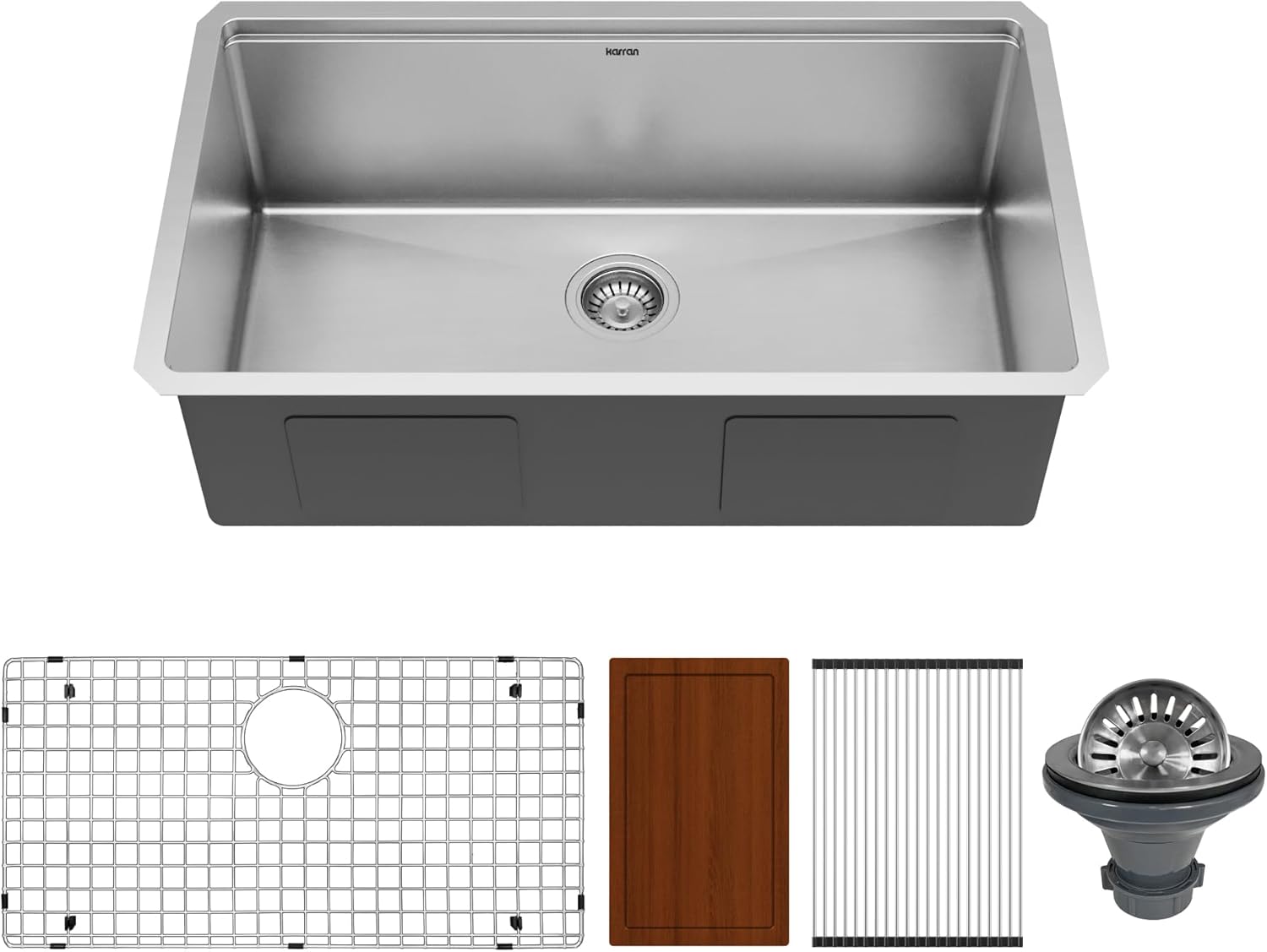 Karran 32-Inch Workstation Kitchen Sink Undermount, 16 Gauge Stainless Steel Single Bowl with Accessories, Cutting Board, Roll-Up Drying Rack, Grid & Drain Assembly