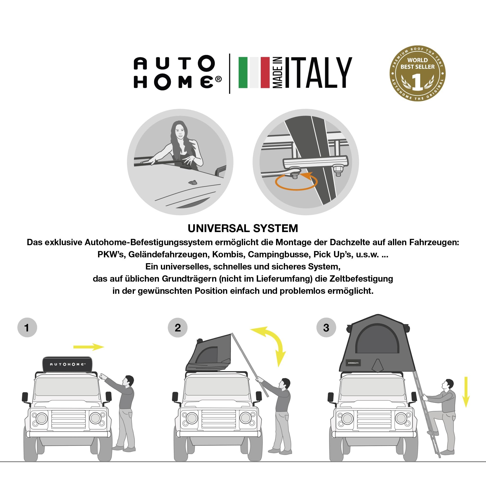 Autodachzelt Anomaly 1.0 – Geräumig & Widerstandsfähig, Wasserdicht & Atmungsaktiv – Ideal für Camping mit Matratze, Verdunkelnden Moskitonetzen & Markise – Made in Italy