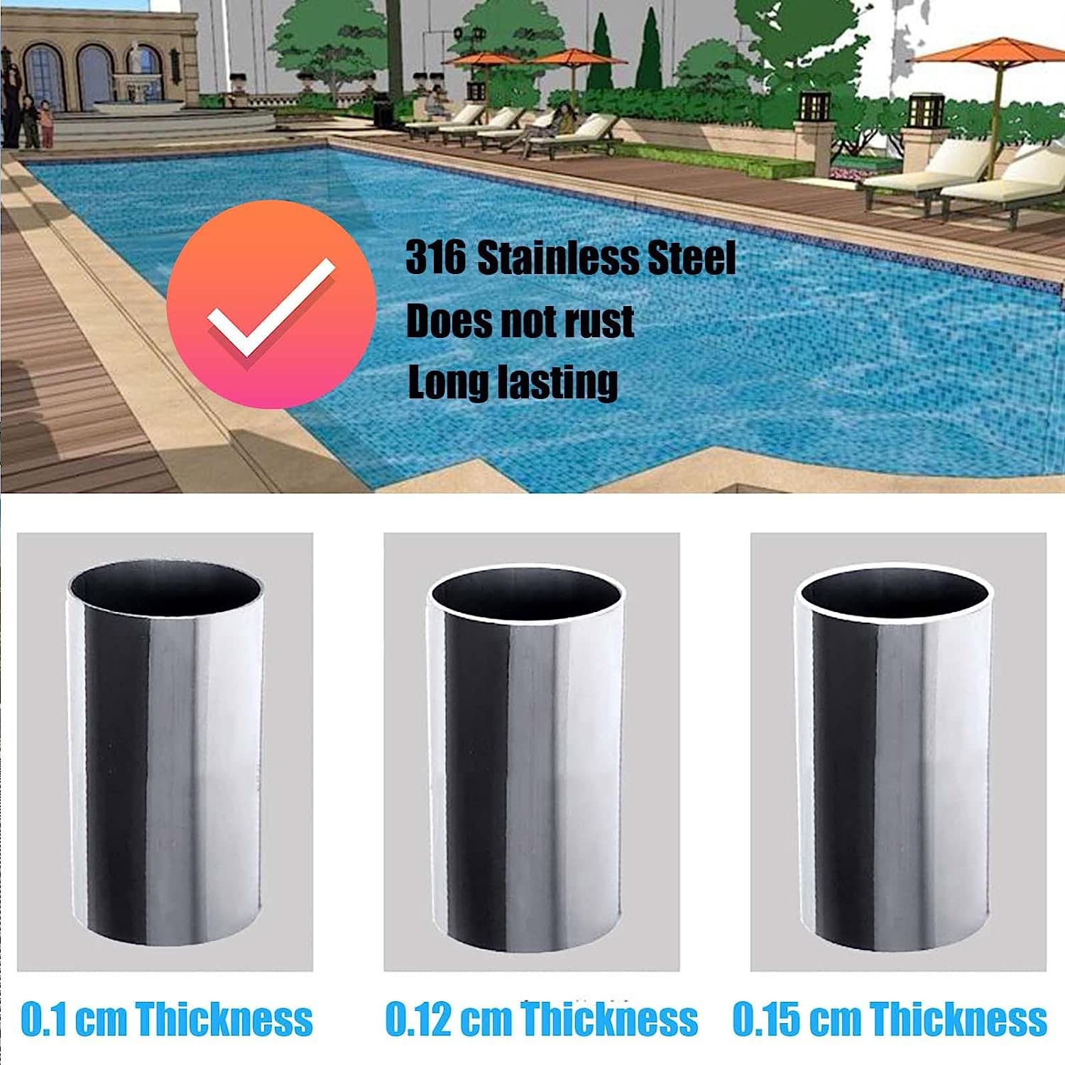 Barandilla de Piscina, pasamanos de Acero Inoxidable 316 de Primera Calidad, Apto para Piscinas Interiores y Exteriores, 0,15 cm de Grosor, Color Plata.
