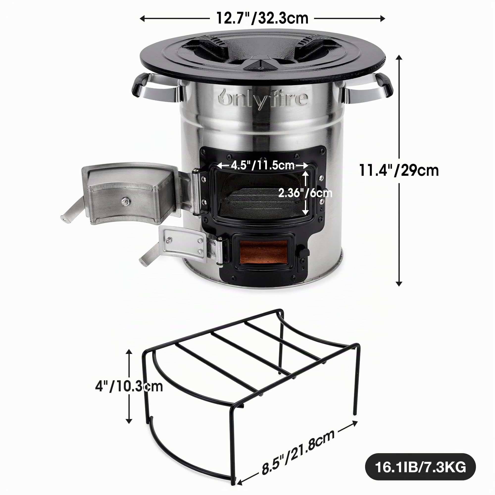 Onlyfire Forno a Razzo,Stufa da Campo Portatile a Legna,Fornello da Esterno per Zaino in Spalla, Cucina All'aperto, Campeggio,Picnic,Barbecue,Caccia, Pesca(Argento)