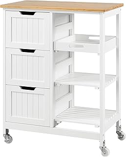 Yaheetech Carrinho de cozinha 4 rodas carrinho de armazenamento com 3 gavetas e 3 prateleiras carrinho de serviço de madeira branco 67 x 37 x 84,5 cm
