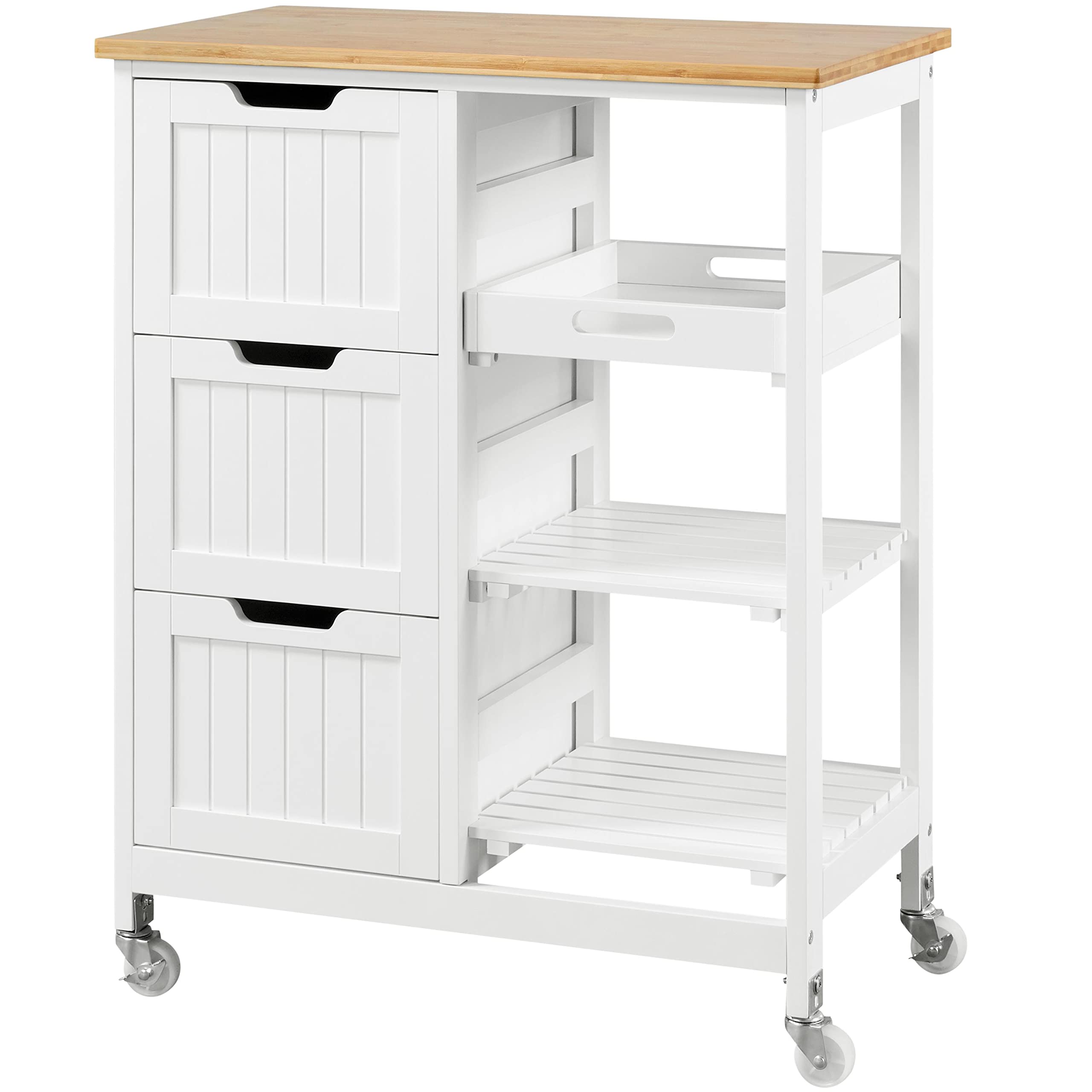 Yaheetech Carro de Cocina 4 Ruedas Carro de Almacenamiento con 3 Cajones y 3 Estantes Carrito de Servicio de Madera Blanco 67 x 37 x 84,5 cm