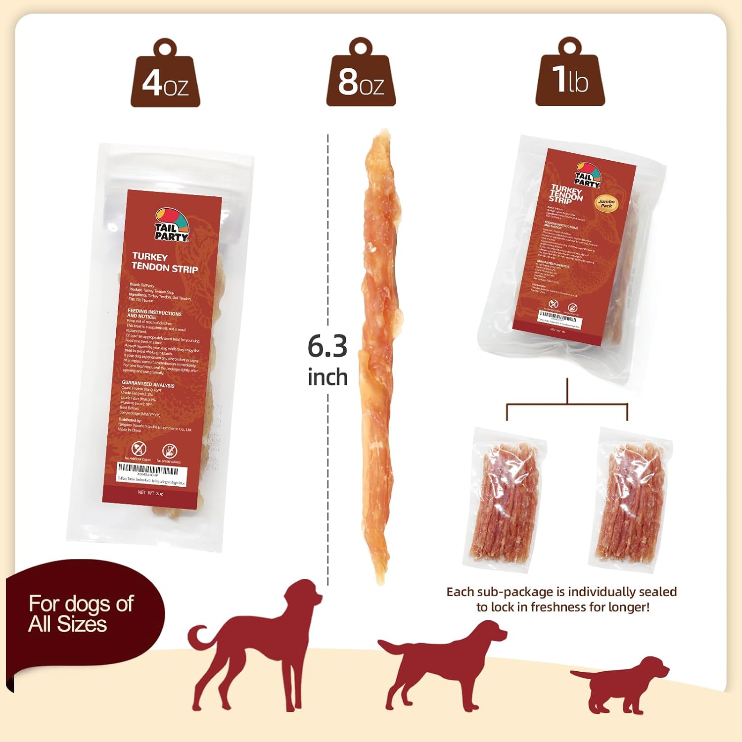 TailParty Turkey Tendons for Dogs with Fish Oil & Taurine, All Natural Dental Chews & Training Treats, Long Lasting Snack for Health-Conscious Pet Owners(Strip, 3 oz) thumbnail
