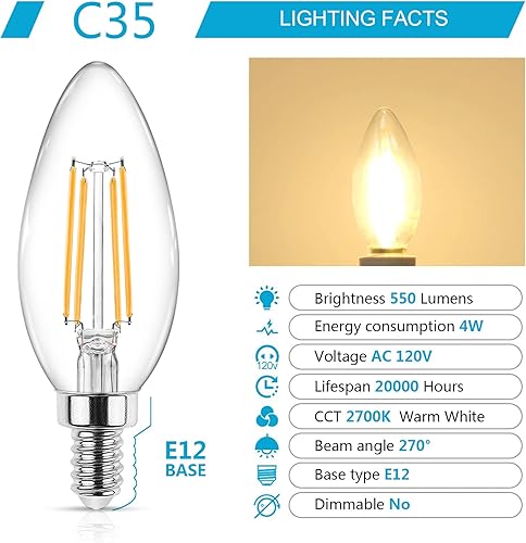 Miniatura 2 de Ascher - Paquete de 5 unidades de bombillas LED candelabro E12, equivalente a 60 vatios, 550 lúmenes, luz blanca cálida de 2700 kelvin, bombillas