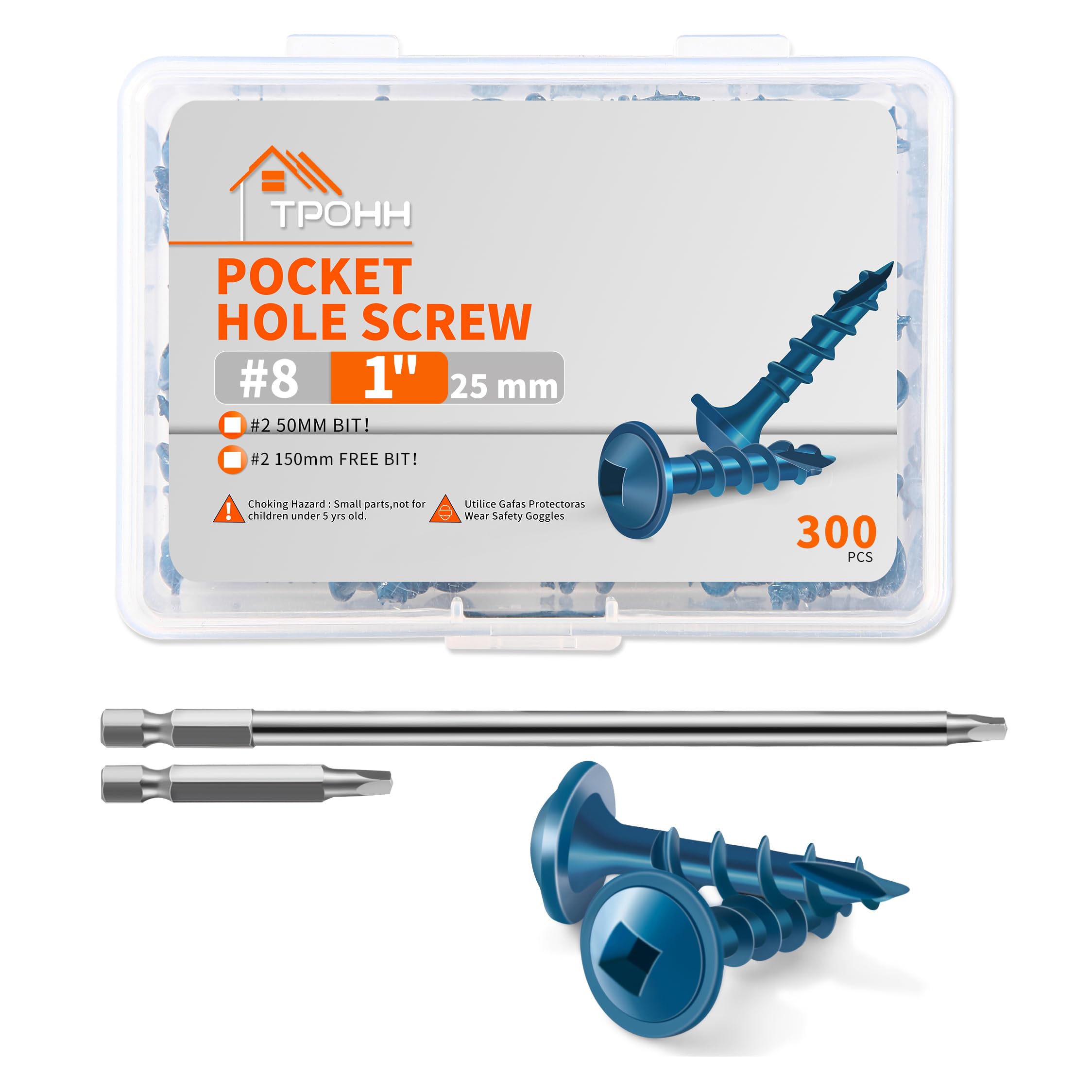 300 PCS No.8 x 25 mm Pocket Hole Screws, Blue Coated Hardened Steel, Washer Head, Square Drive, Coarse Self-Cutting Thread