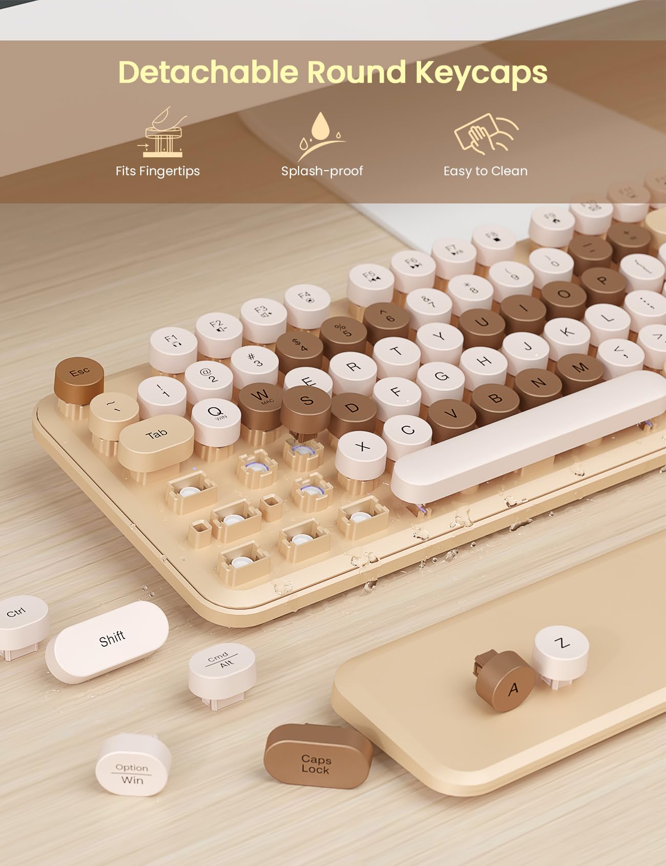 Tastiera wireless e mouse combinata, graziosa tastiera per macchina da scrivere con poggiapolsi staccabile, tasti rotondi retrò, gambe pieghevoli, tastiera full-size da 2,4 GHz per PC, laptop, Mac,
