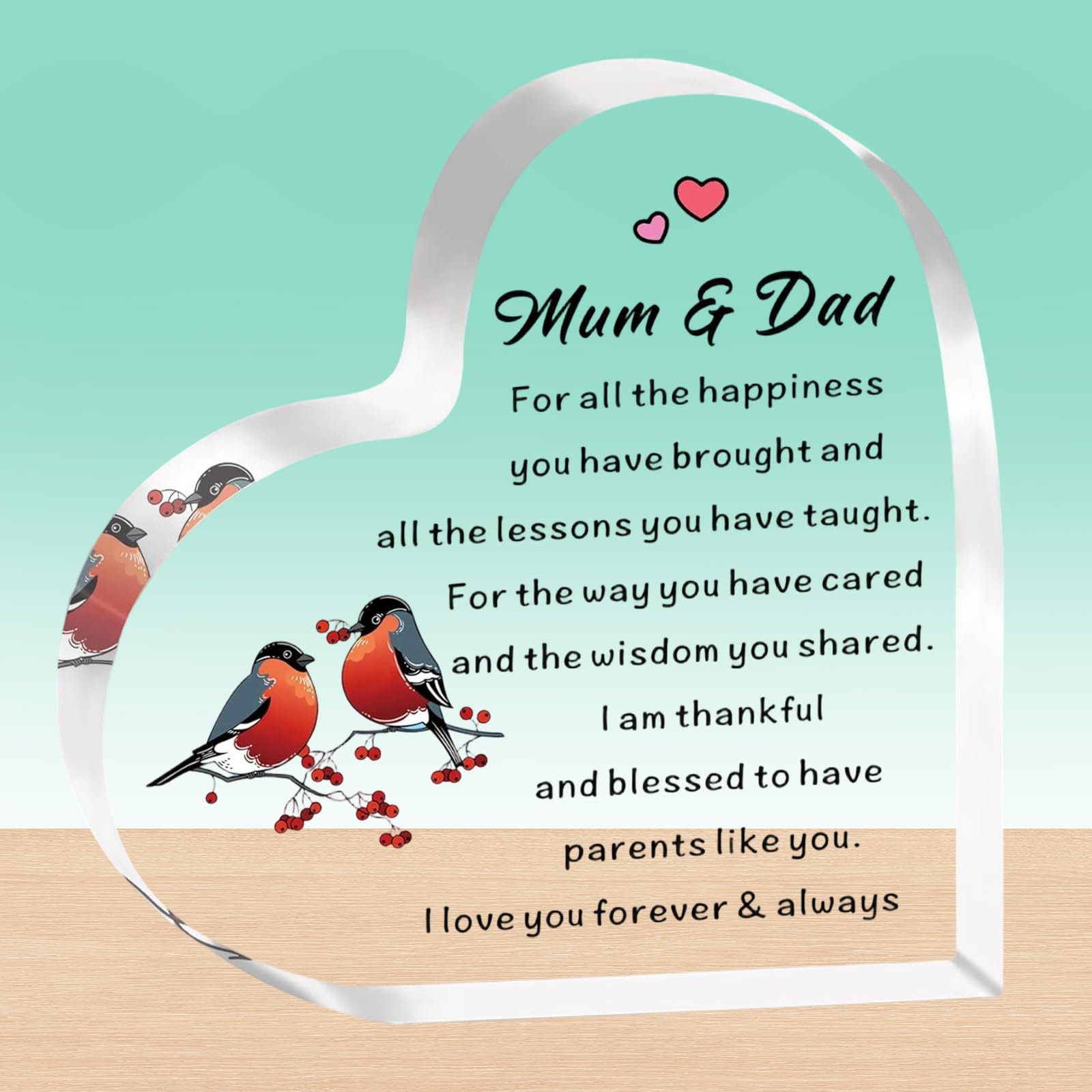 Gifts for Mum and Dad, Robin Bird Blessing Plaque with Heartfelt Message, 10 x 10 cm Clear Acrylic Plaque Keepsake, Wedding Anniversary Birthday Gifts for Parents, Thank You Gift from Son or Daughter