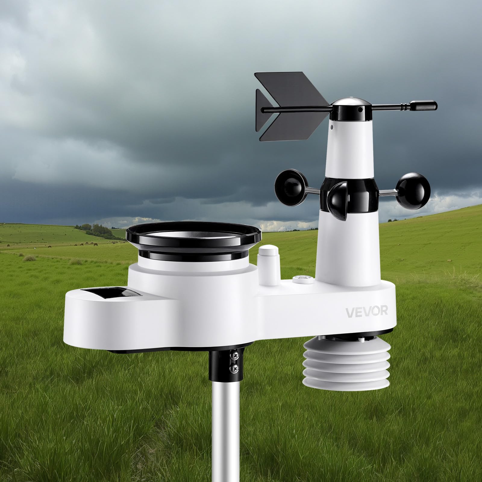 VEVOR 5-in-1-WLAN-Wetterstation, 7,5-Zoll-VA-Display, solarbetriebener Außensensor, Wettercenter zur Wettervorhersage, Windgeschwindigkeit, Windrichtung, Temperatur, Luftfeuchtigkeit, Niederschlag