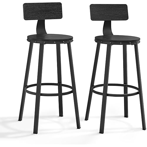 VASAGLE Bar Stools Set of 2, Bar Height Barstools with Back, 28.7 Inches Counter Stools Bar Chairs with Backrest, Steel Frame, Easy Assembly, Bar Stools for Dining Kitchen Bar, Ebony Black