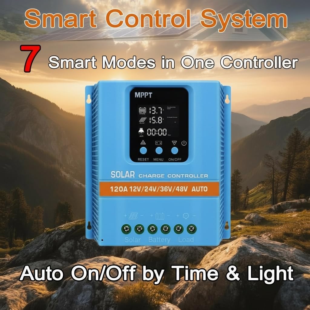 120A Solar Charge Controller 12V 24V 36V 48V Intelligent Recognition LCD Display Battery Intelligent Regulator Maximum 100V Input Dual USB for Lead Acid/Lithium Battery