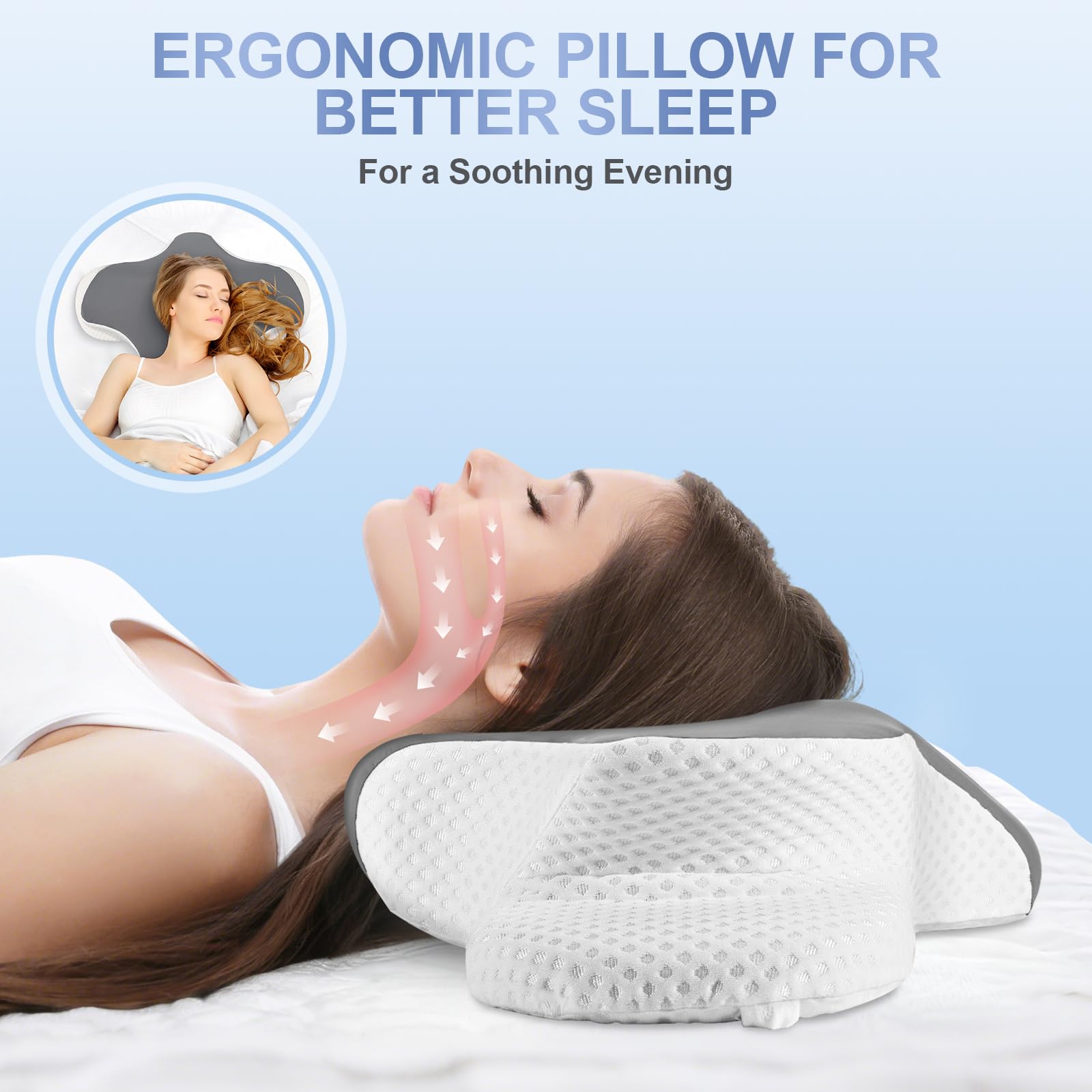 Cuscino Cervicale per Dormire, Cuscino Ergonomico in Memory Foam per Dormire, Cuscino per Supporto Cervicale con Federa Sfoderabile e Lavabile per Dormitori Laterali, Supini e Proni, Grigio