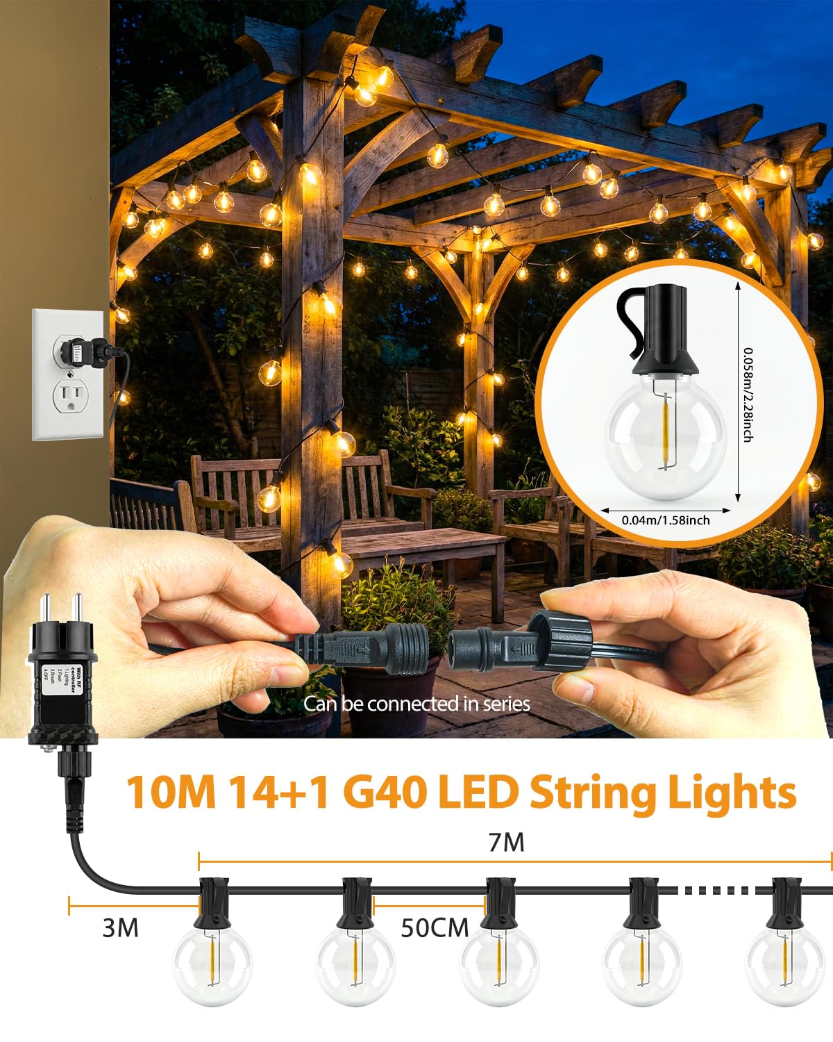 btfarm Guirnalda Luces Exterior, 10M/32.8FT Luces Led Exterior 3 Modos con Mando, 14+1 G40 Jardin Guirnaldas Luces con Temporizador Impermeable para Jardín Terraza Fiesta Boda, Blanco Calido, 2 Piezas