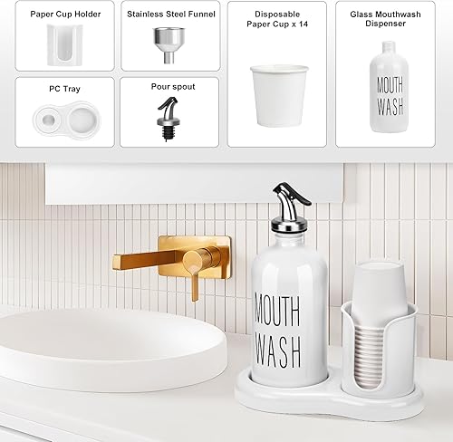 Miniatura 5 de Dispensador de enjuague bucal para baño, dispensador de enjuague bucal con soporte para tazas, 14 tazas de enjuague bucal y embudo, recipiente de