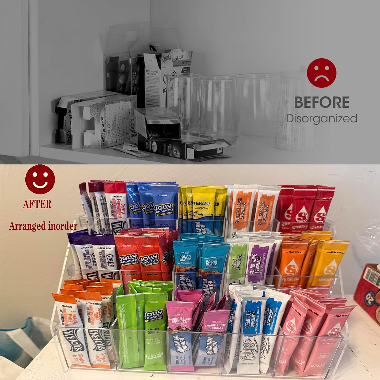 3 Tier Drink Packet Organizer with 15 Compartments, Acrylic Water Flavor Mix Holder, Hydration Powdered Mixes Container for Kitchen Cabinet, Countertop & Pantry Storage