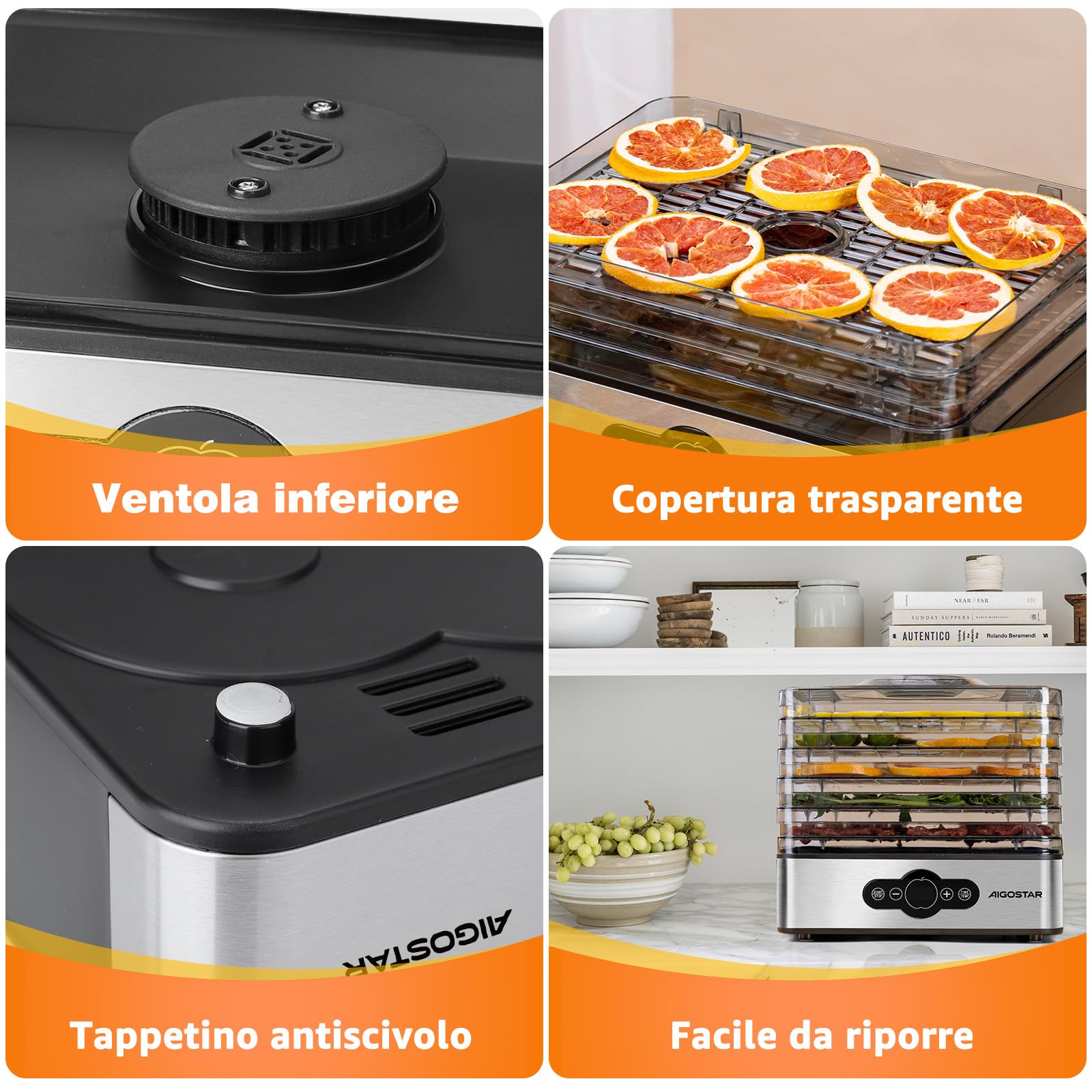 Aigostar Crispy - Essiccatore alimentare, 240W, 5 vassoi, essiccatura automatica, ottimo per frutta, carne, verdura ecc. controlli digitali, impostazione manuale di tempo e temperatura. Senza BPA.