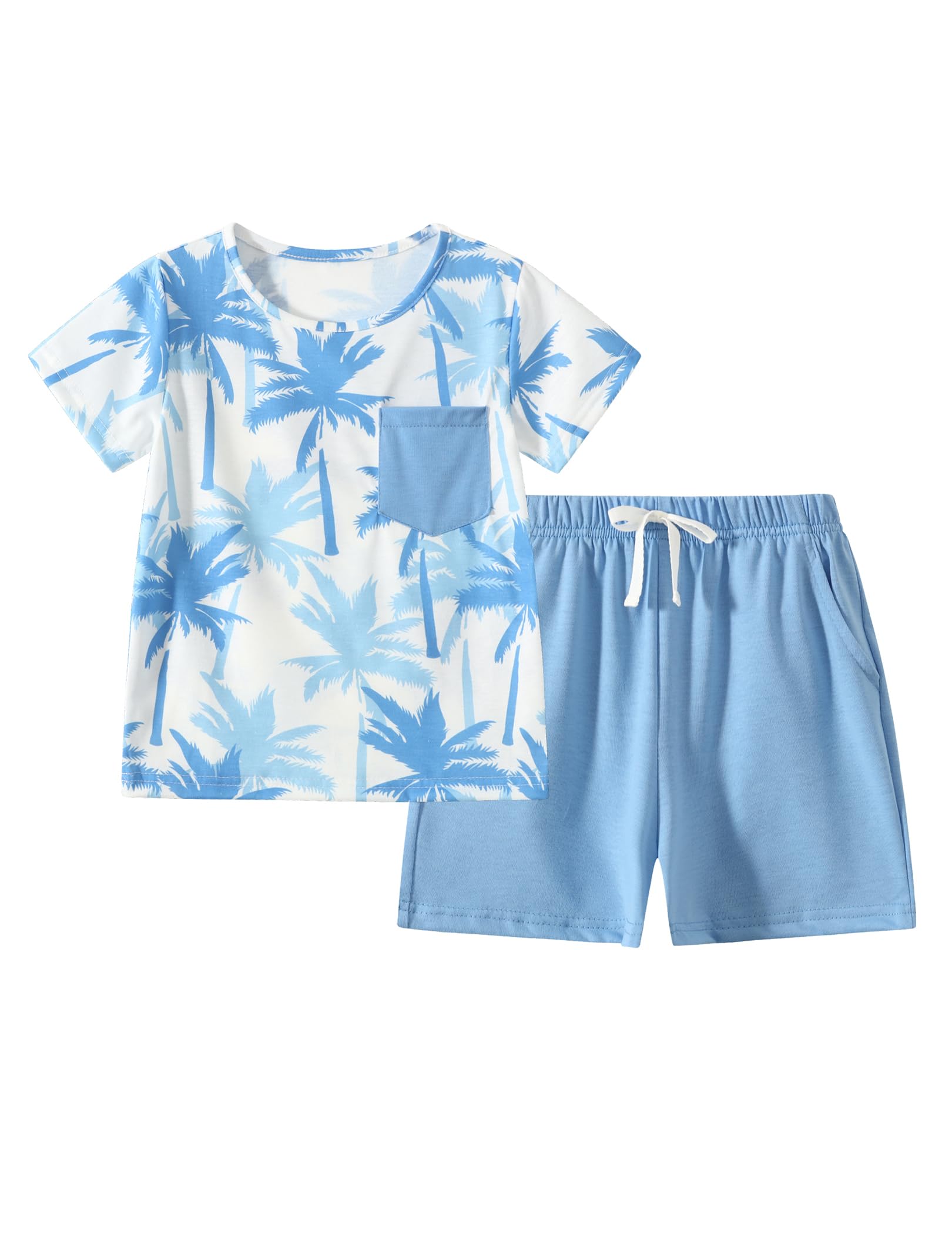 Boy Shorts Sets Summer Hawaii Outfit Palm Print Short Sleeve T-Shirt and Drawstring Cotton Shorts with Pockets