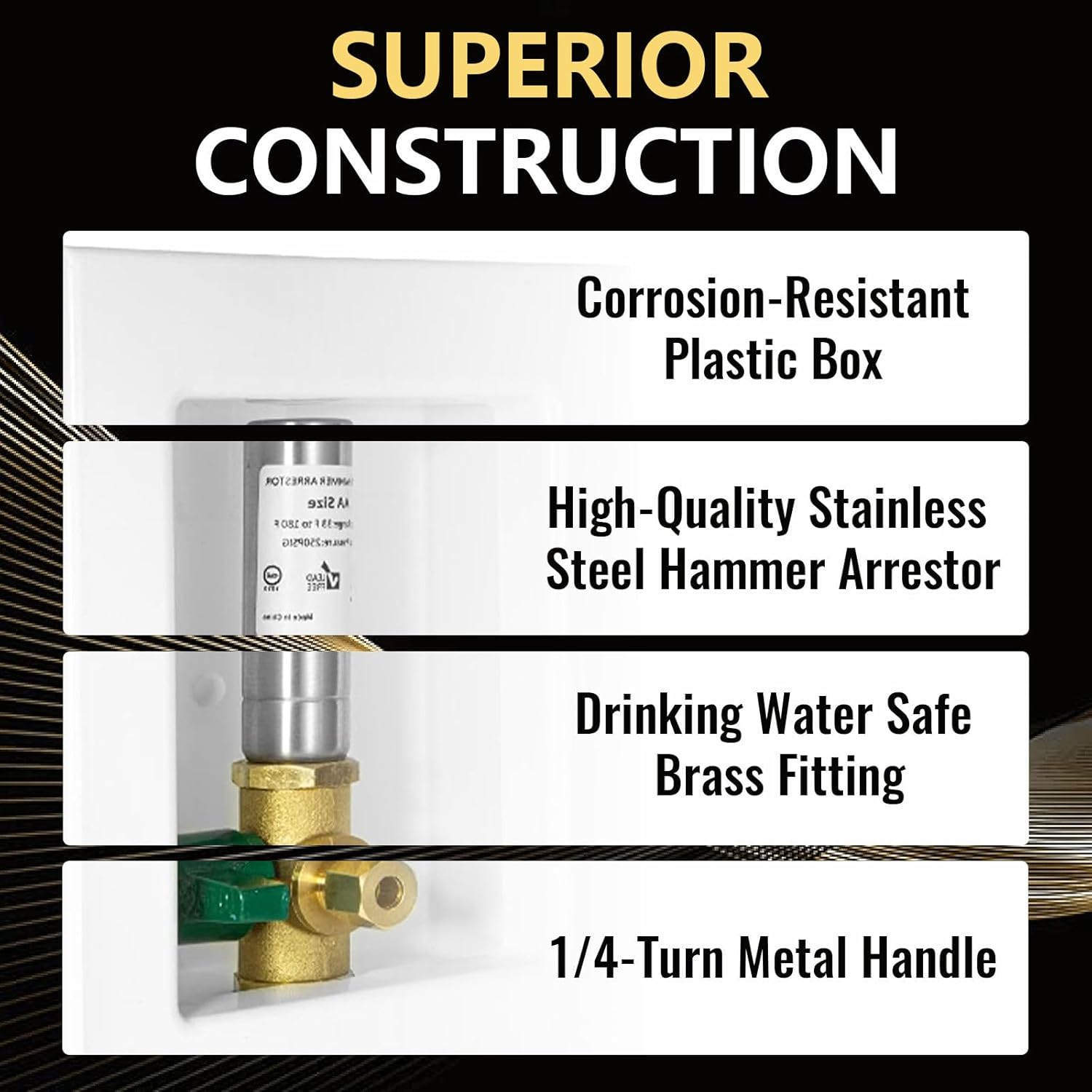 2 PCS Foskan 1/2" MIP Sweat Inlet Ice Maker Outlet Box (Pre-Assembled), 1/4" OD Compression Outlet, with Installed Green-Handled Quarter-Turn Ball Valve and Stainless Steel Hammer Arrestor