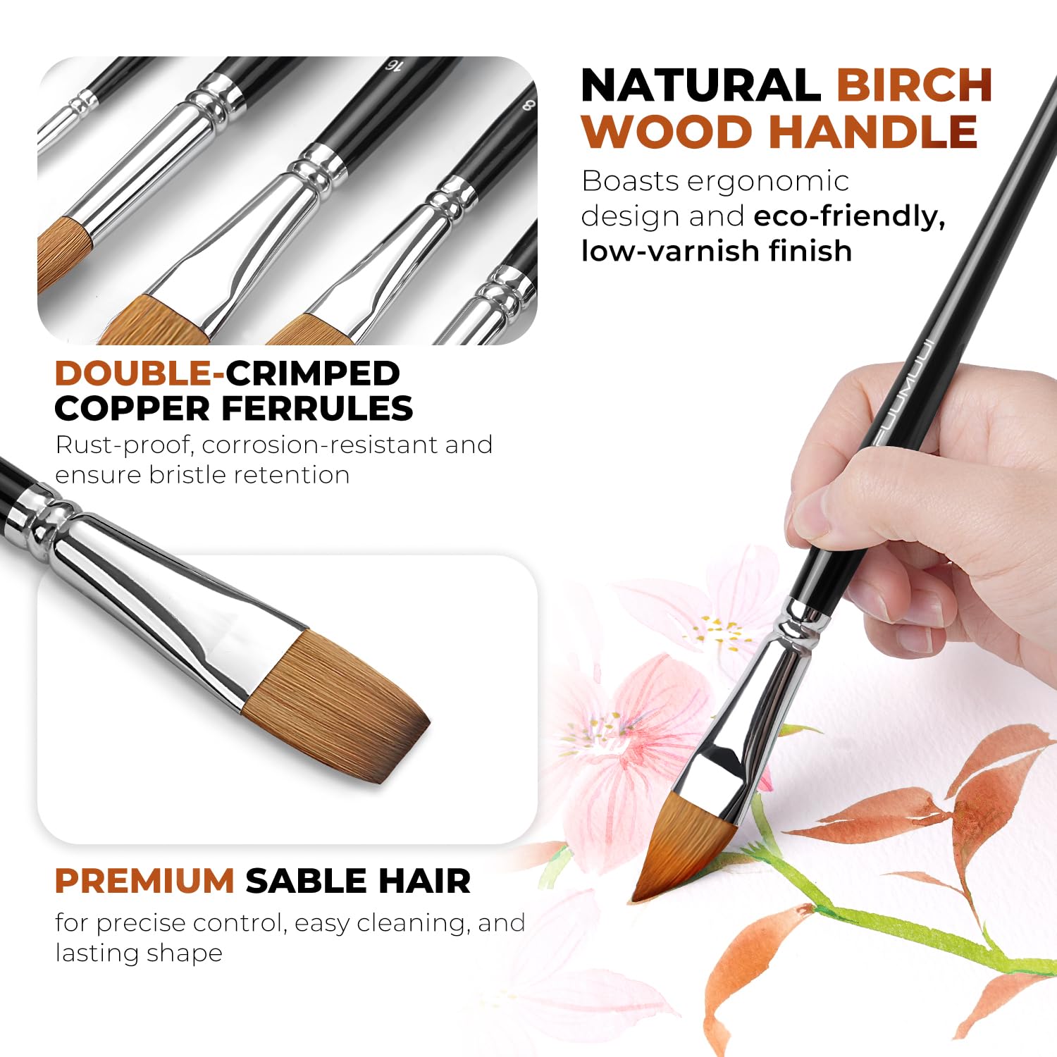 Watercolor Brush Set - 8Pcs Sable Brushes -3 Watercolor Brush Set - 8Pcs Sable Brushes -3