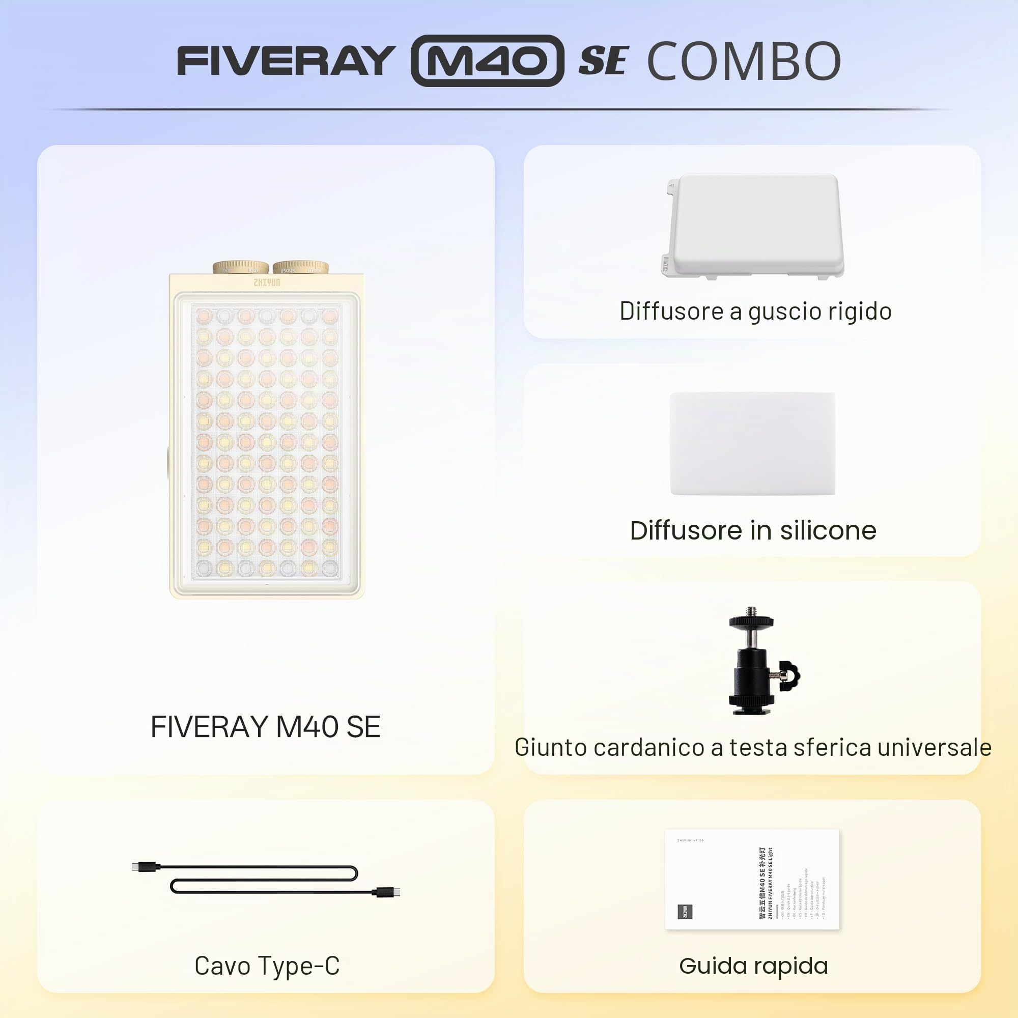 ZHIYUN FIVERAY M40 SE Combo [Ufficiale] Luce Video LED, 17100 Lux, 2700–8500K, CRI≈95, TLCI ≥ 97, 84 LEDS, 250g, Luce Portatile Video/foto/fotocamera/streaming per YouTube TikTok