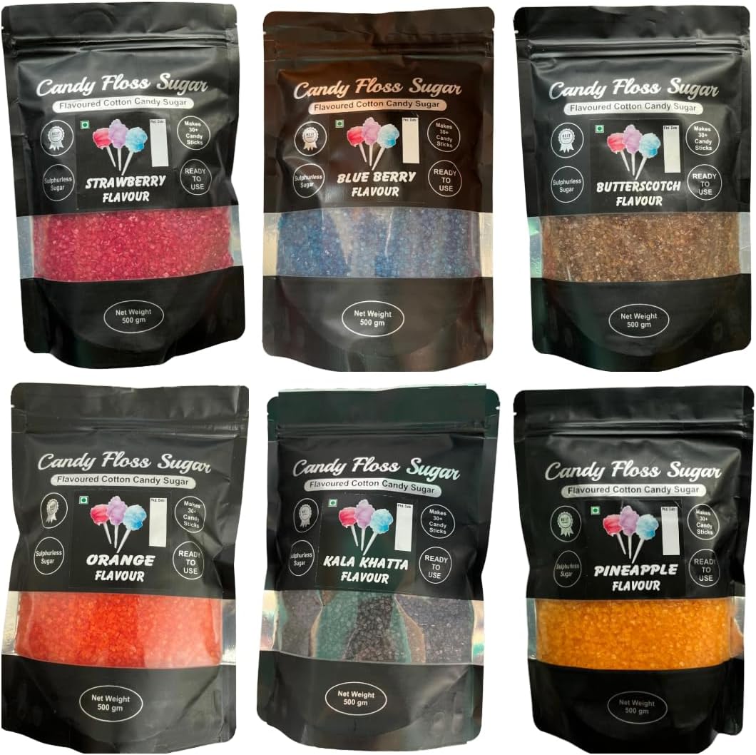 CLICK FOOD PRODUCTS Candy Floss/Cotton Candy Sugar (Flavoured) Strawberry, Orange, Pineapple, Buleberry, Butter Scoth, Kala Khatta, Pack of 6