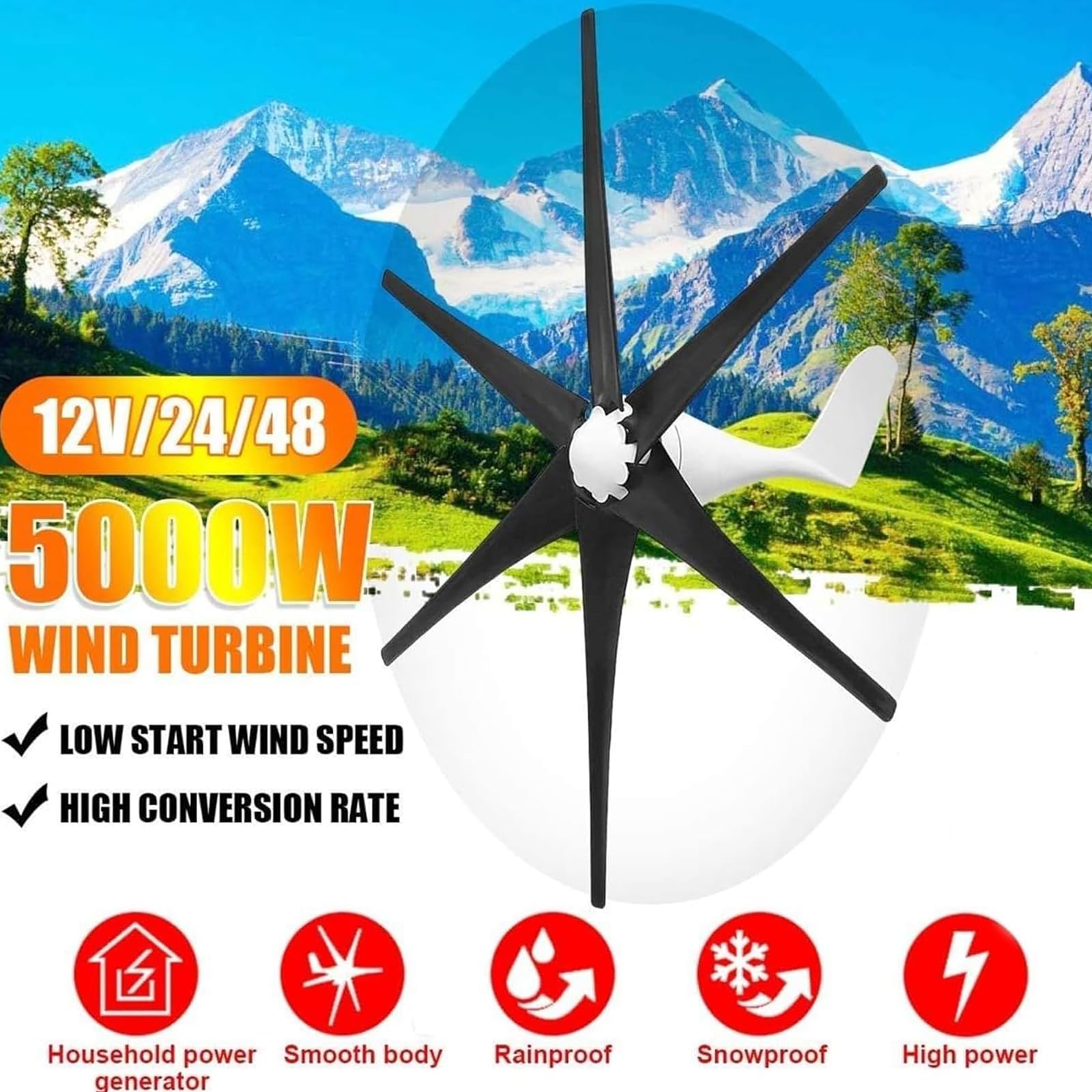 Zestaw generatora wiatrowego 5000W o niskim hałasie, 3-fazowy AC 12V 24V 48V, turbina wiatrowa 2,5 m/s z kontrolerem MPPT do domu, farmy, kampera, łodzi (czarny)