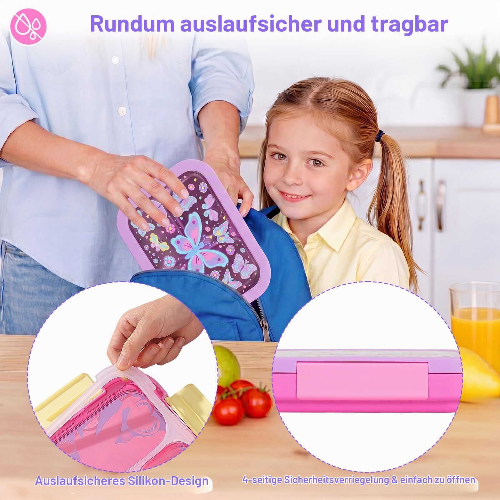 PinkSheep Edelstahl Brotdose Kinder mit 3 Fächern und Dichtring 950ml Lunchbox Personalisiert, BPA-freie, Auslaufsicher, Bento Box für Picknick Schulschüler Mittagessen Snack (Schmetterling)