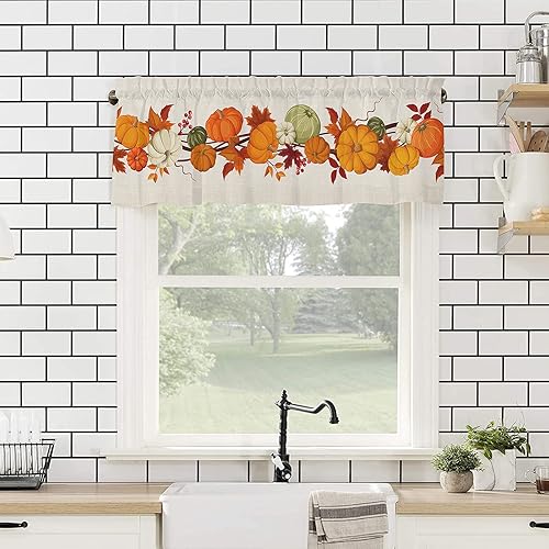 Miniatura 5 de OneHoney Cenefa de cortina de Navidad para ventanas de cocina, decoración de invierno, panel de cortinas cortas con bolsillo para cortinero,