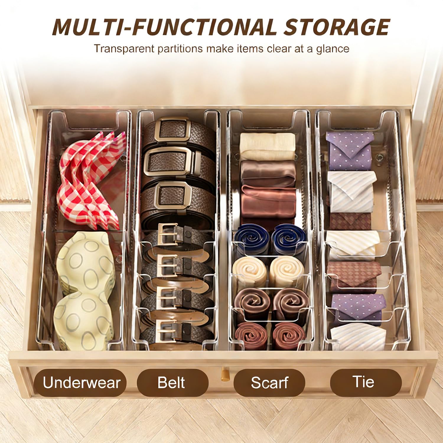 Organizer Cinture, Estensibile Porta Cinture da Armadio e Cassetto con 7 Scomparti, Scatola Organizzatore per Cintura Orologi e Accessori, Divisoria Rimovibile, in Acrilico Trasparente