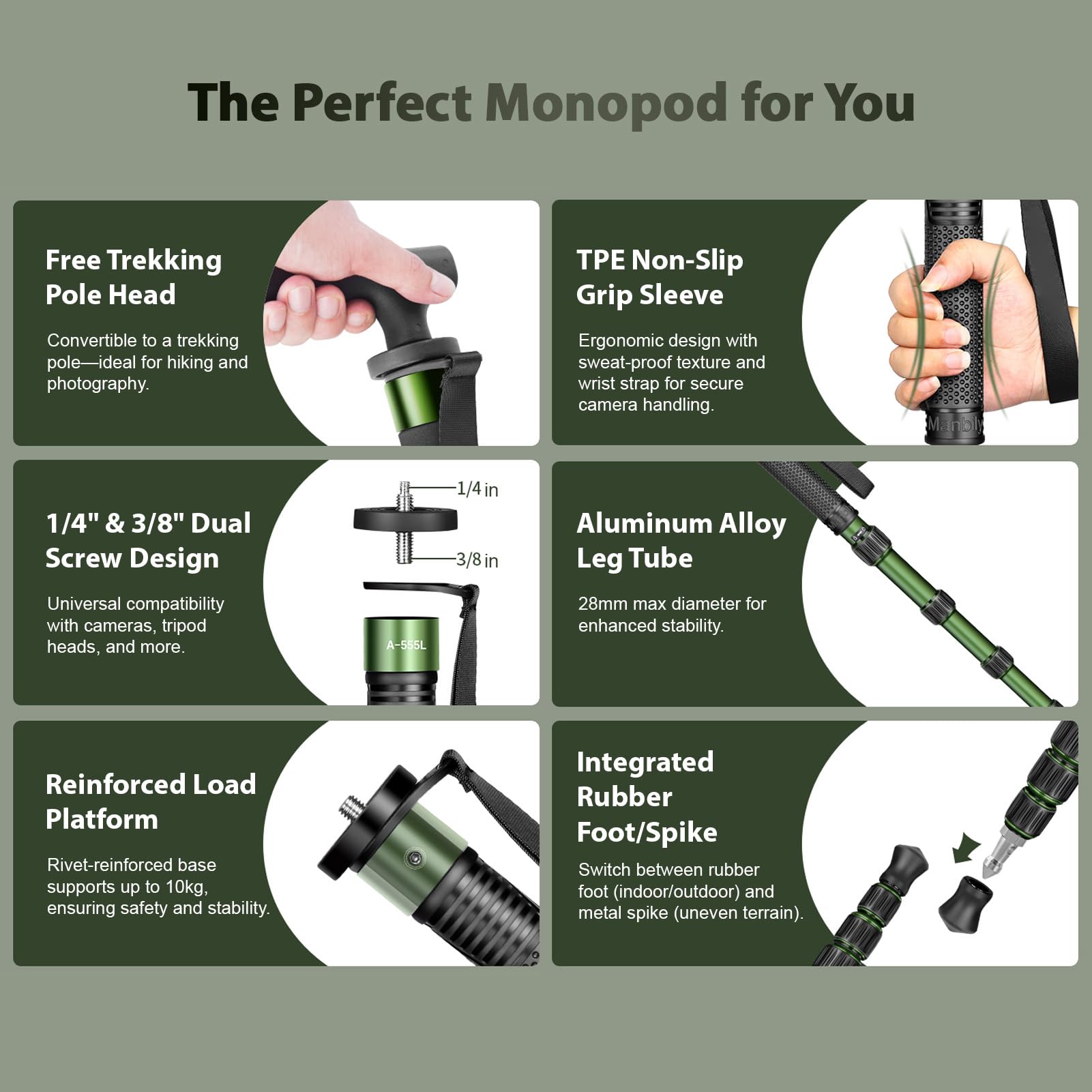 Fabater Monopiede per Fotocamera Portatile Monopiede Durevole in Lega di Alluminio per Fotocamera per Fotografia con capacità di Carico di 10 Kg per DSLR (GREEN)