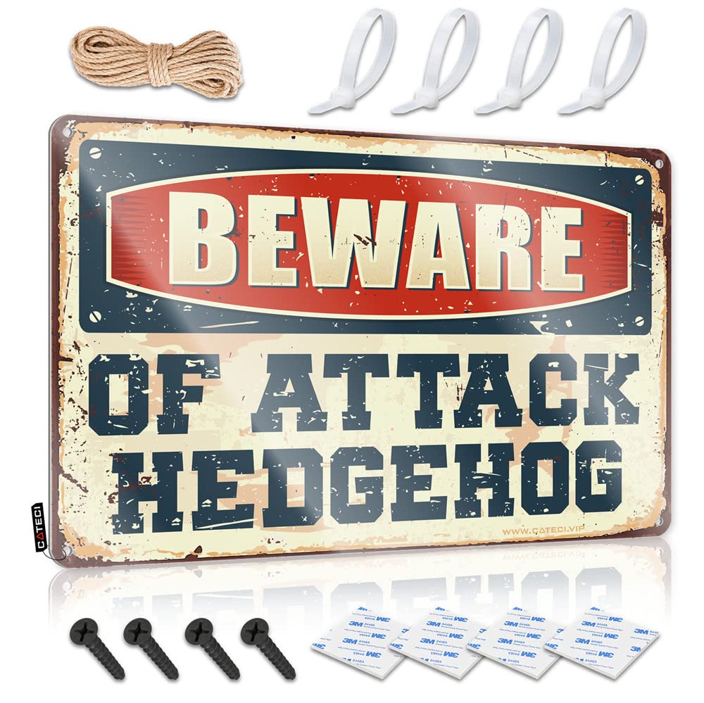 Fzfn Men's Colour Fall Outdoor Decorations Tin Metal Sign Nice | Beware Of Attack Hedgehog Sweet Patio Bar Decoration(20X30cm)