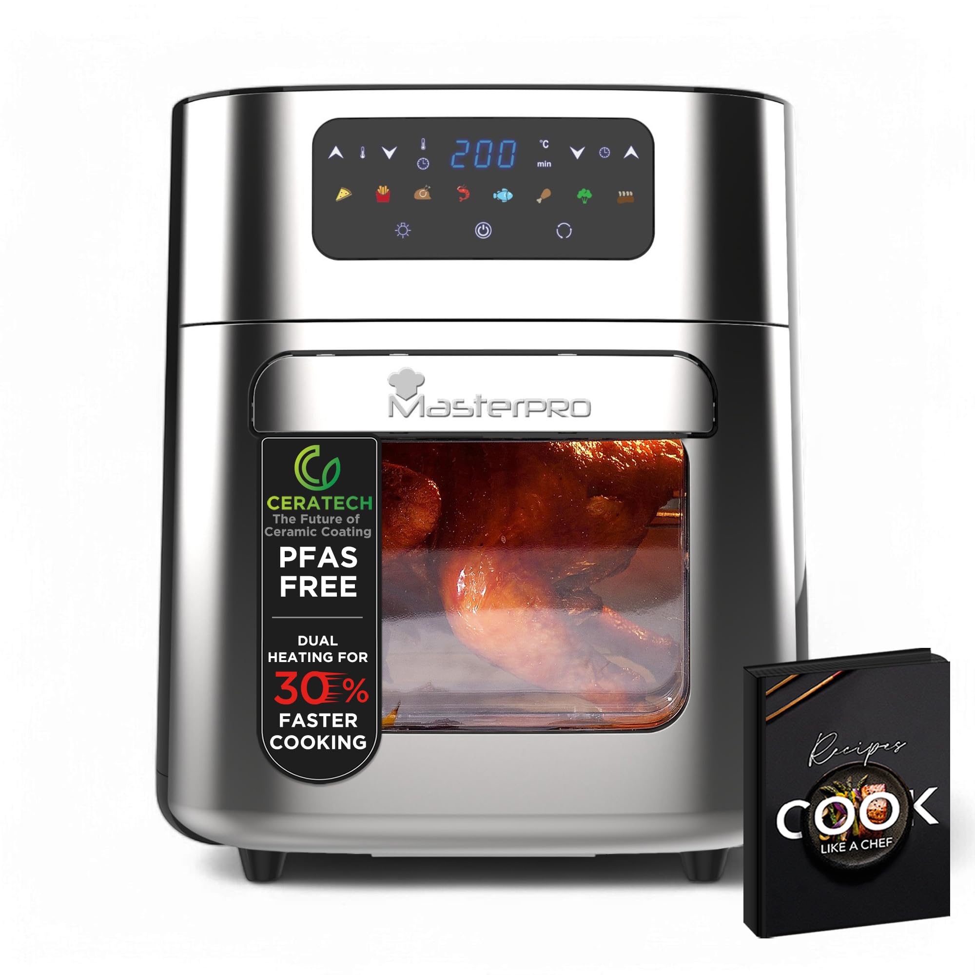 MasterPRO FOODIES frytkownica na gorące powietrze o pojemności 10 l, 1700 W, z okienkiem i cyfrowym wyświetlaczem LED, 8 programów gotowania, oszczędność energii, regulowana temperatura