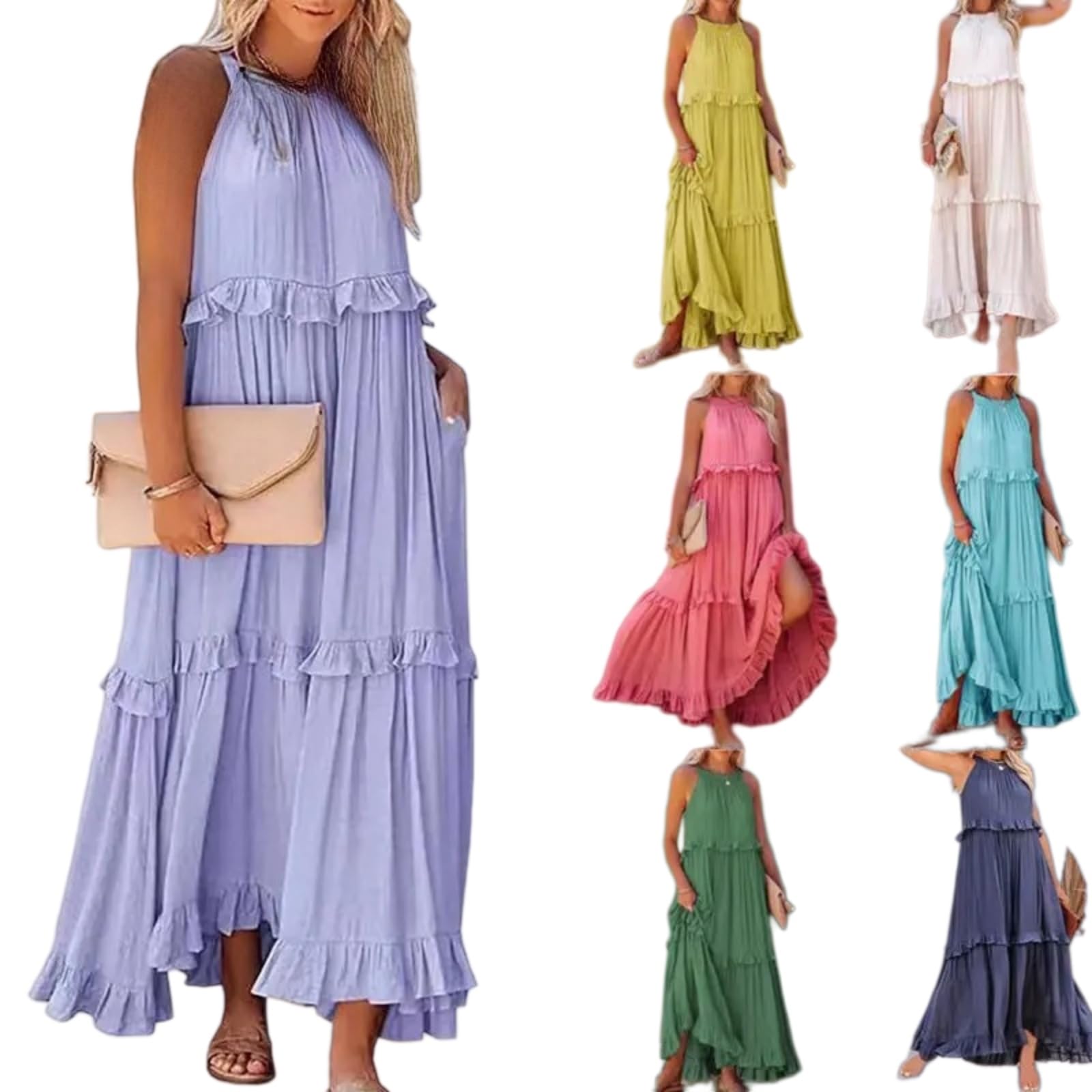 Vestito Donne 2026 Estate Elegante Ruffle Abito Senza Maniche Harajuku Maxi Sundress Casual Beach Vacation Party Dress-Apricot-m