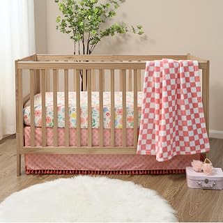 Peanutshell Wildflower Boho Crib Bedding Set for Girls - 3pc Pink Blanket, Fitted Sheet & Dust Ruffle - Soft Nursery Essentials