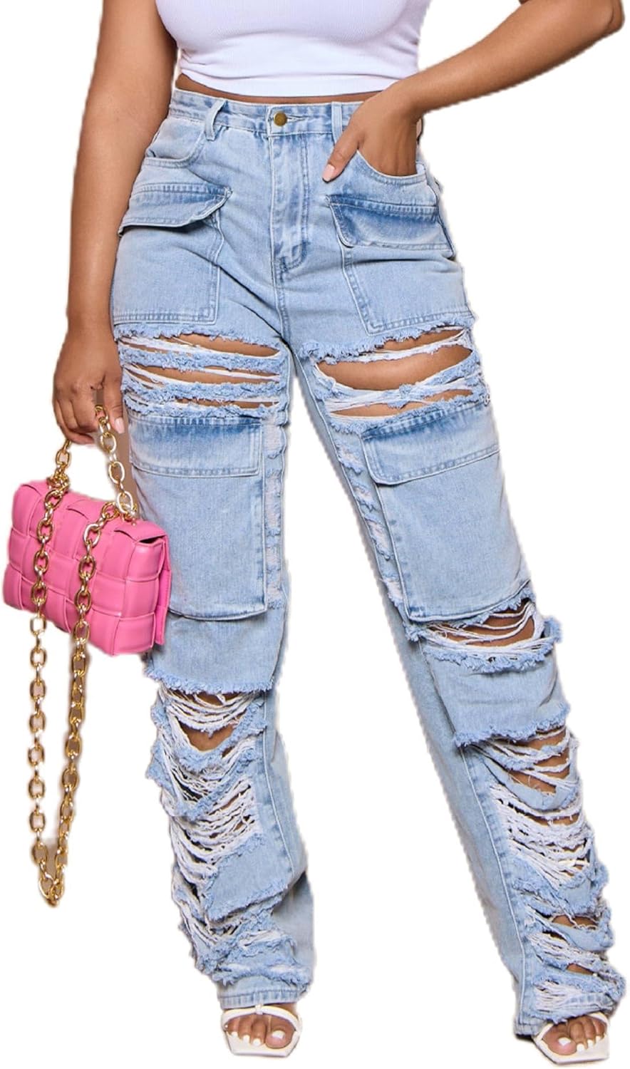 Sexyshine Women's High Waist Straight Leg Ripped Jeans Baggy Loose Distressed Cutout Raw Hem Long Denim Pants