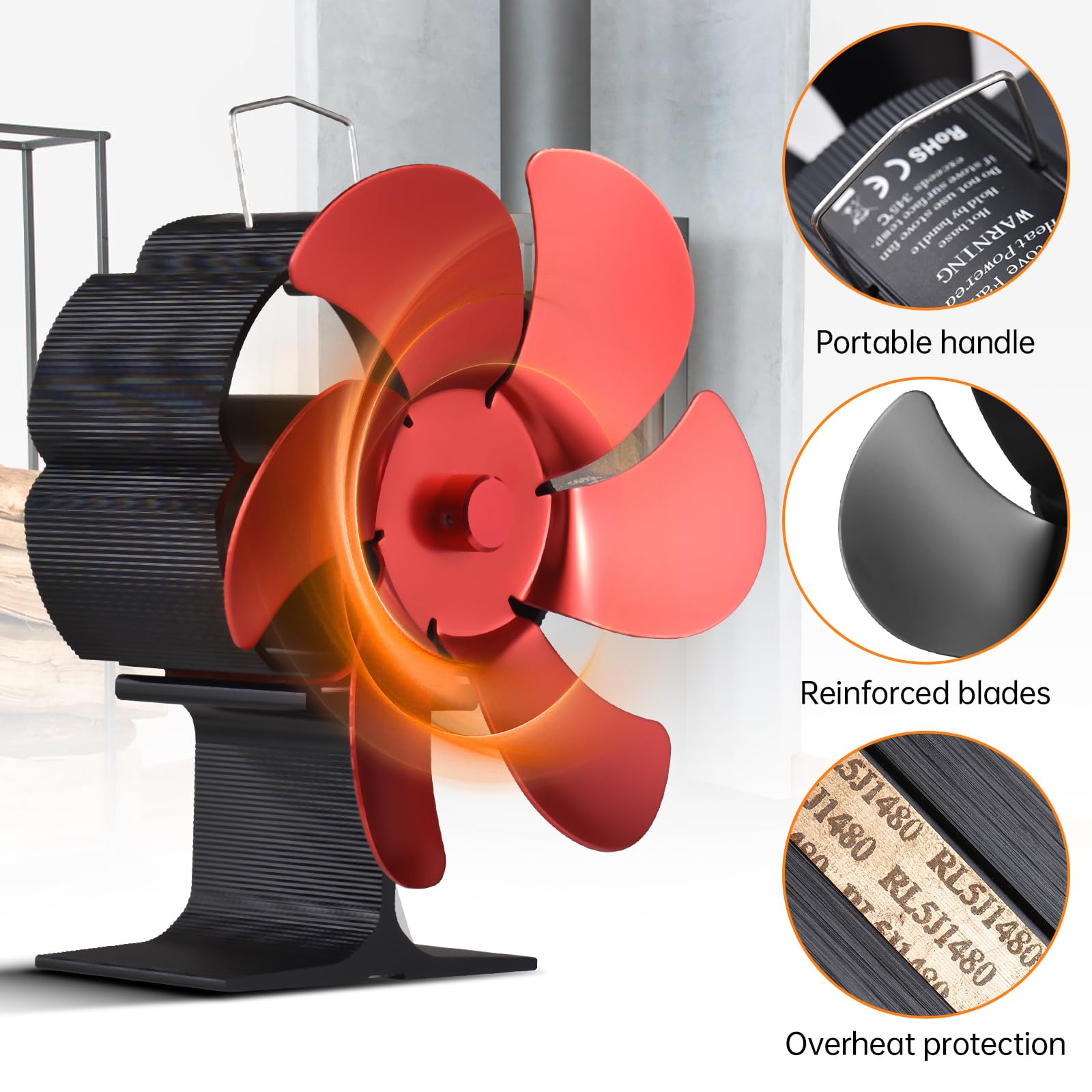 Ventilatore per Stufa a Legna 6 Pale Alimentato a Calore con Maniglia per Il Trasporto, Protezione da Surriscaldamento, Ventilatore Termico Portatile Non Elettrico per Stufa a (Rossa)