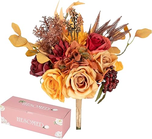 HESOMED Decoración de flores artificiales de otoño, ramo de flores de seda falsas de aspecto real con bayas de plástico, combinación de flores
