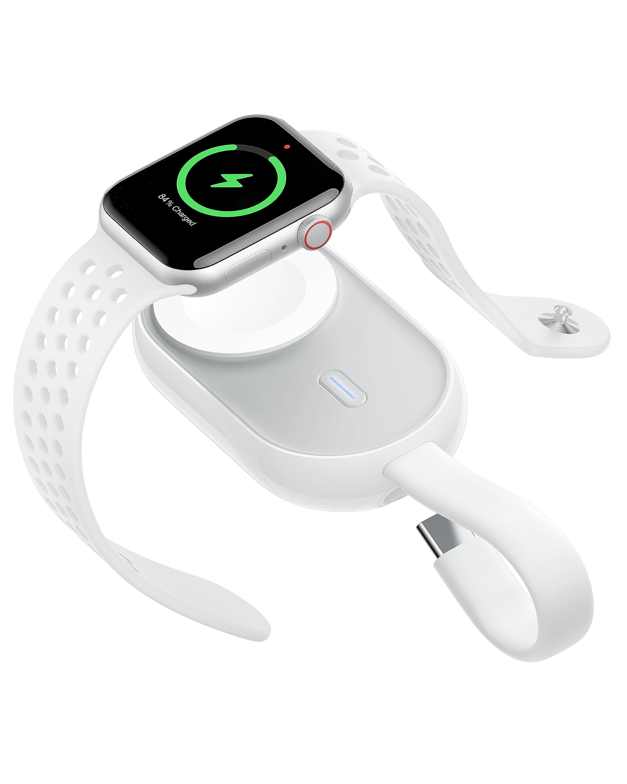 Charmast Portable Charger Compatible with Apple Watch Series 9/8/SE/UItra/7/6/5/4/3/2/1, 1200mAh Wireless iWatch Charger Power Bank Built in input Cable Keychain Travel Accessories (White)