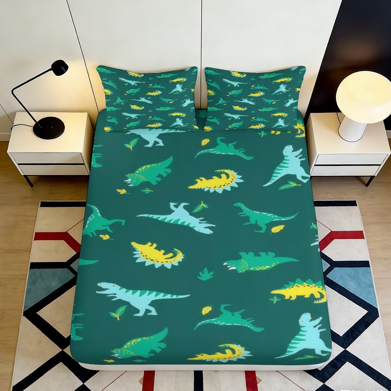 3D Printed Dinosaur Cartoon Fitted Sheet Microfiber Soft Non-Slip Mattress Cover for Bedroom Dorm Easy Care 160x200x25cm