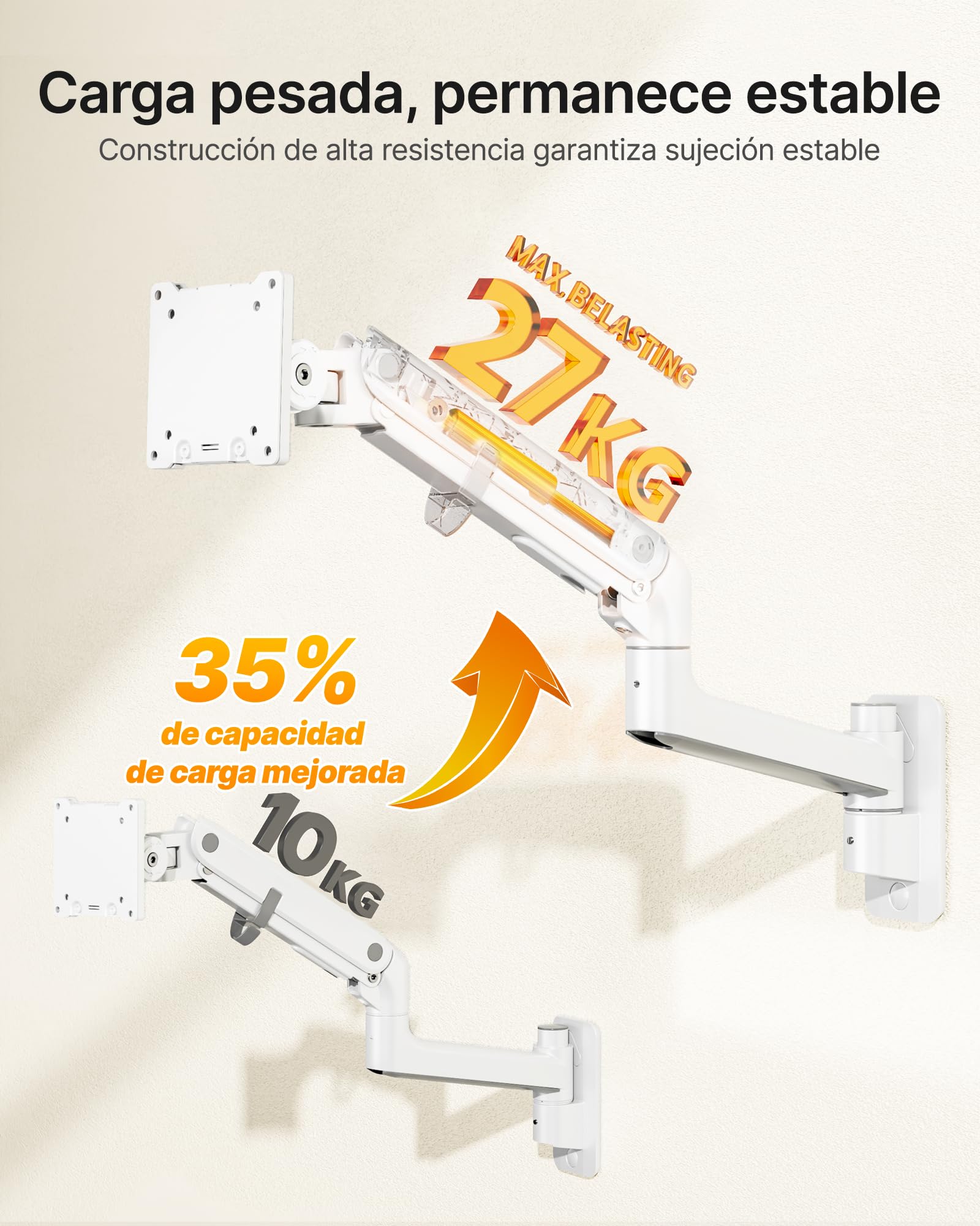 monTEK Soporte de Pared para Monitor de 17-57", hasta 27 kg | Brazo para monitor con resorte de gas, altura regulable y movimiento completo, compatible con VESA 75x75/100x100, blanco.