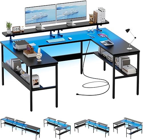 Hyomdeck Escritorio personalizable en forma de U y escritorio de oficina en forma de L con soporte de monitor ajustable, luces LED RGB y tomas de