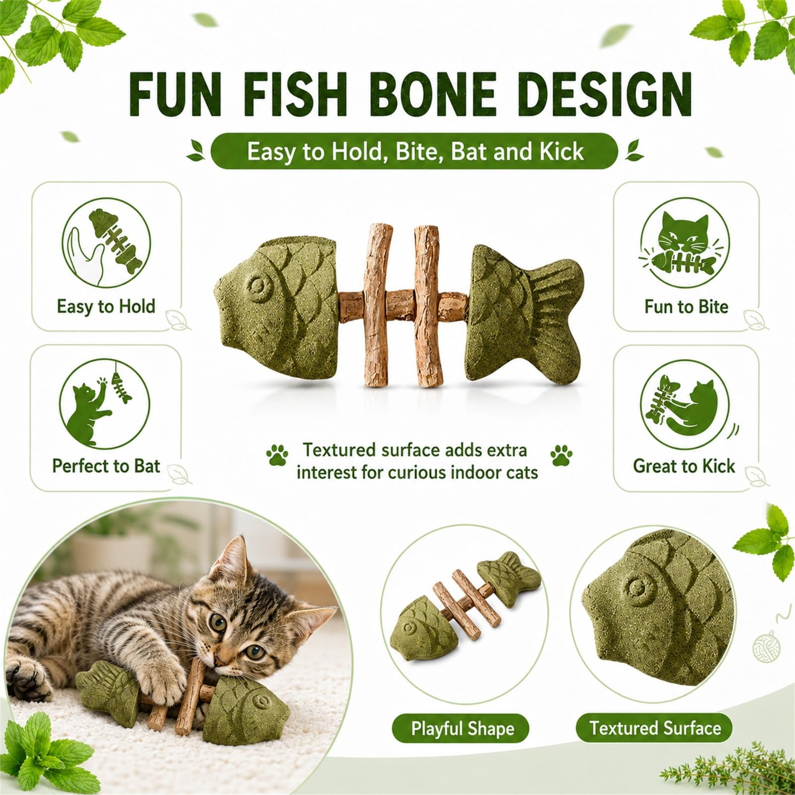 Genérico Fish Bone Cat Chew Toy, Catnip Silvervine Stick, Wooden Fishbone Bite Toy for Indoor Play and Daily Fun (A+B+C)