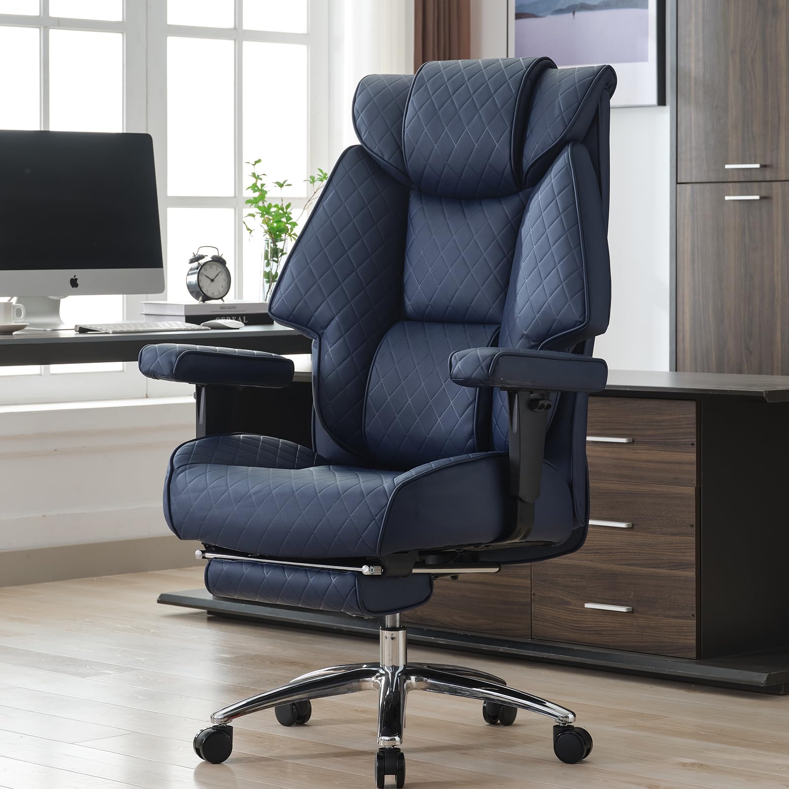 EXCEBET Big and Tall Office Chair with Footrest, PU Leather High Back Executive Office Chair 400lbs, Ergonomic Computer Chairs Lumbar Support for Heavy People (Blue)