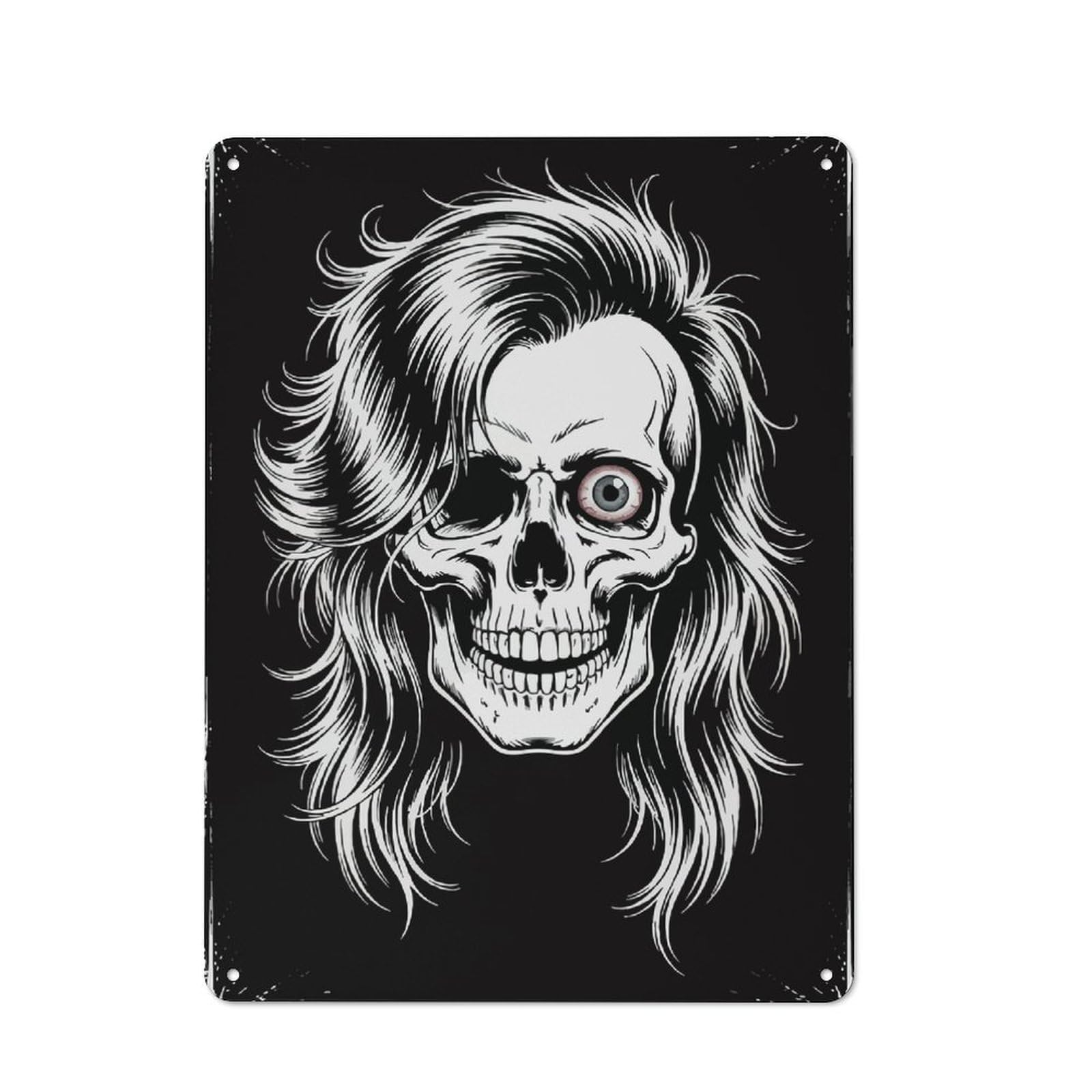 Junmoney Skull With Hair And One Eye Printed Metal Sign 40X30cm For Guest Room Or Hallway, Suited To Home Decor Collectors