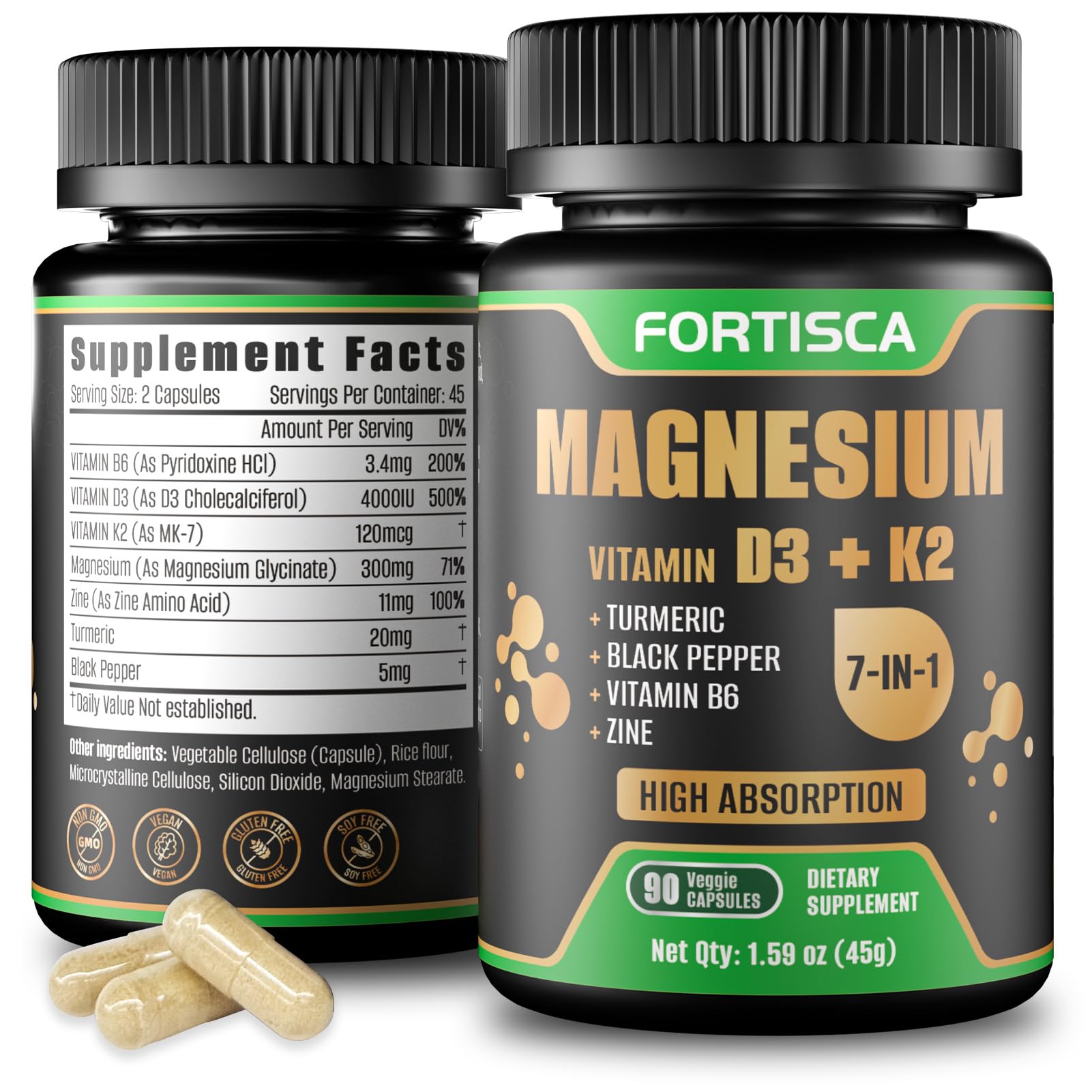 7-in-1 Magnesium Glycinate 4000IU Silica High Absorption Magnesium Supplement Travel 90 Capsules