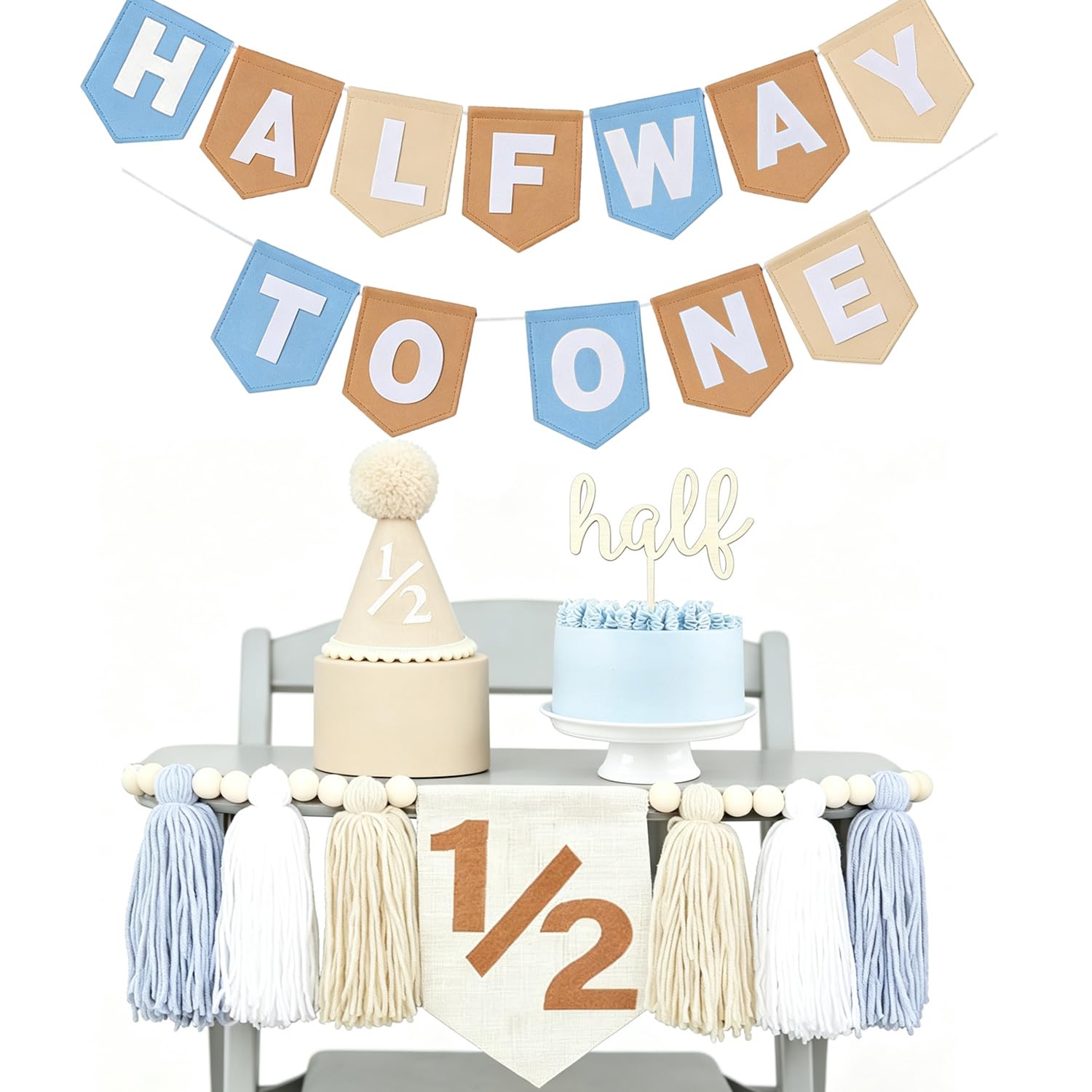 Half Birthday Decorations For Boys -Half Way To One Baby Boy Decorations With 6 Months Birthday Banner 1/2 Birthday Boy High Chair Banner 1/2 Birthday Cake Topper & Party Hat 6 Month Photo Props