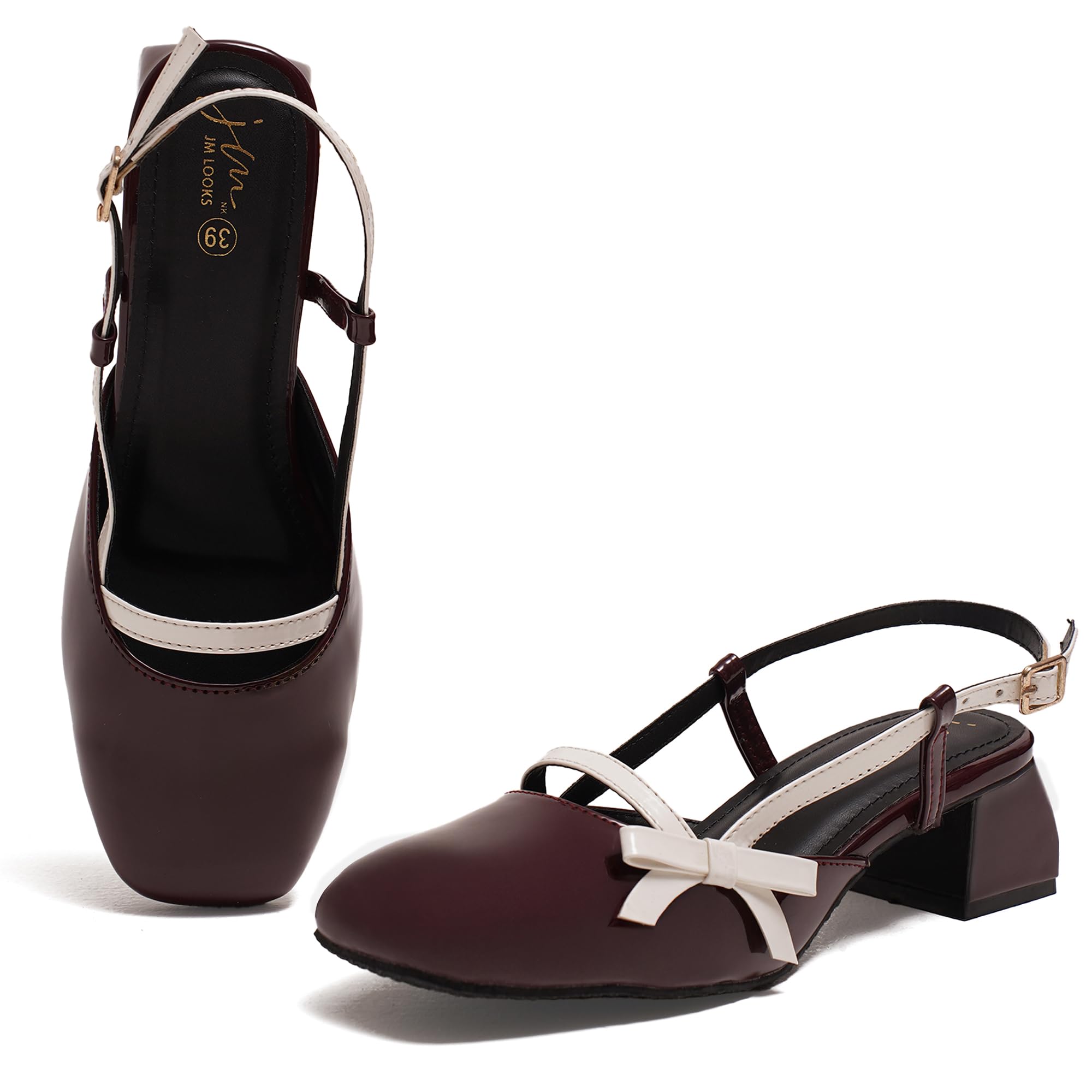Women's Glossy Buckle Strap Mary Jane Block Heel with Bow Detail-image-41