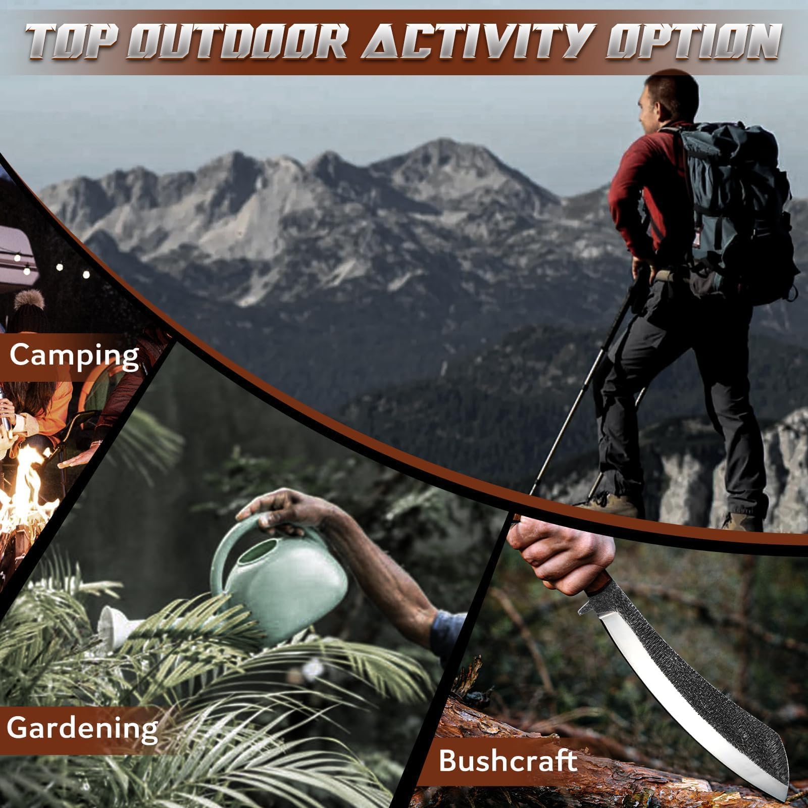 Golden Bird Outdoor Messer Survival Machete Großes Full Tang Design mit Holzgriff und Eichenholz-Scheide – Präzise Bushcraft Messer für Camping, Gartenarbeit und Überlebenssituationen- Geschenke