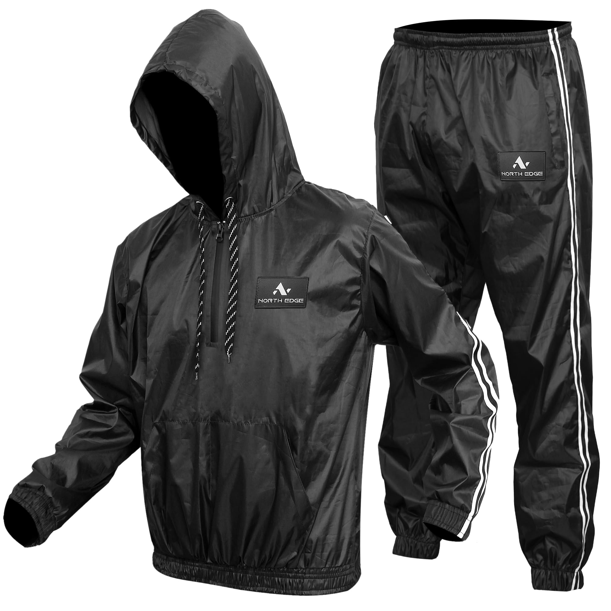 NORTH EDGE Sauna Sweat Suit Heavy Duty Gym Fitness Sauna Suit MMA Training Exercise Running Sauna Sweat Suit (Black Hooded, S)