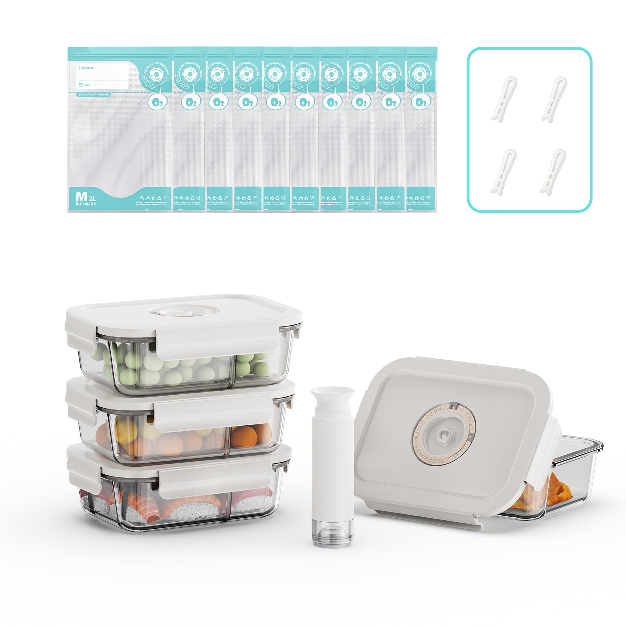 Set de 4 Boîtes Alimentaires Hermétiques en Verre avec Pompe à Vide - Indicateur de Date Intégré - Sans BPA, Anti-Odeur - Pour Four, Micro-Ondes, Lave-Vaisselle et Congélateur(S)